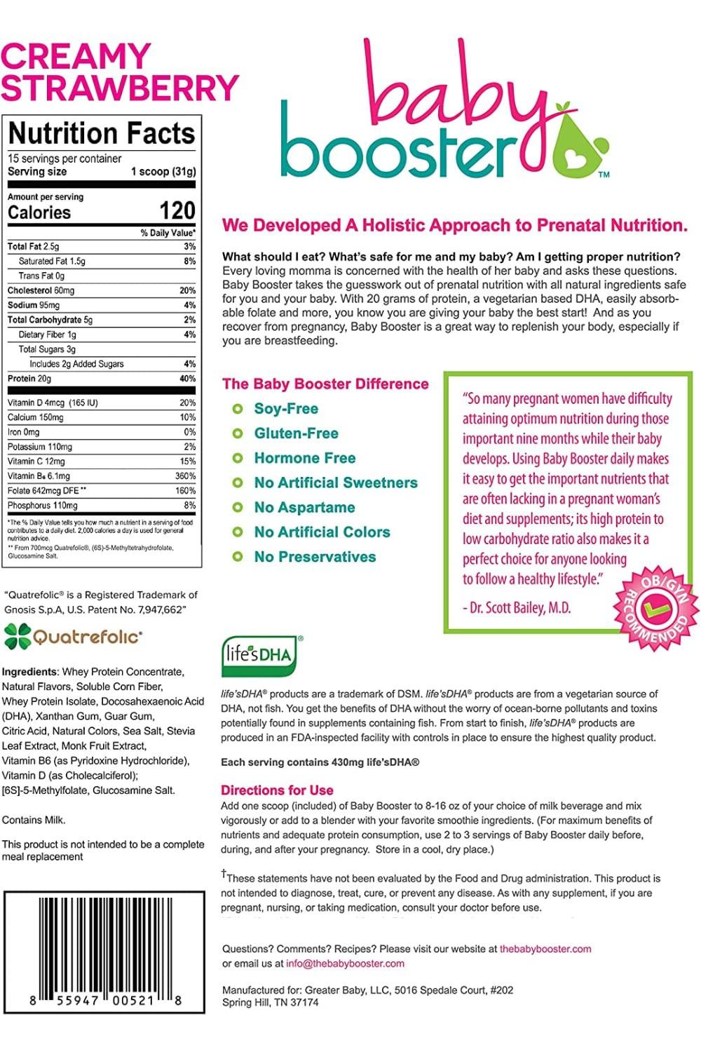 Baby Booster Baby Booster Pregnancy Protein Powder Vitamin Supplement Shake - OB/GYN Approved Prenatal & Postnatal Lactation Use - Morning Sickness Relief with Vegan DHA and Methyl Folate - Creamy Strawberry, 1 lb