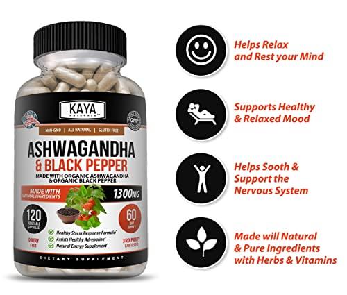Kaya Naturals Kaya Naturals Organic Ashwagandha 1300mg, 120 Count Capsules for Stress Relief, Adrenal, Mood & Thyroid Support, Black Pepper and 100% Pure Ashwagandha -120 Capsules