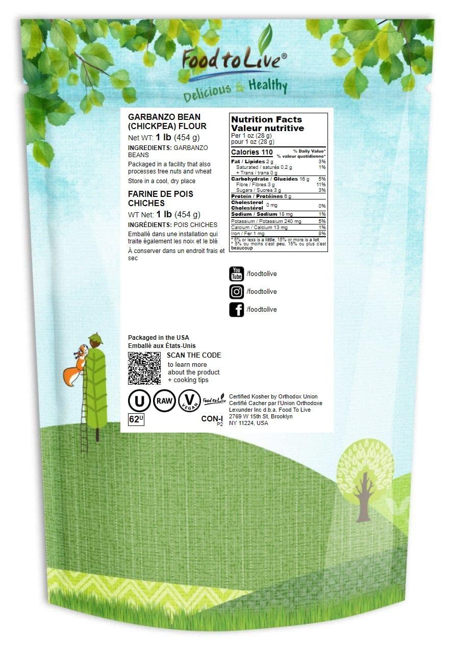 Food to Live Food to Live Garbanzo Bean Flour, 1 Pound Finely Milled Chickpea Flour, Raw, Vegan, Kosher, Bulk, Good Source of Protein, Fiber, Folate, and Copper. Great for Cooking and Baking. Made in USA