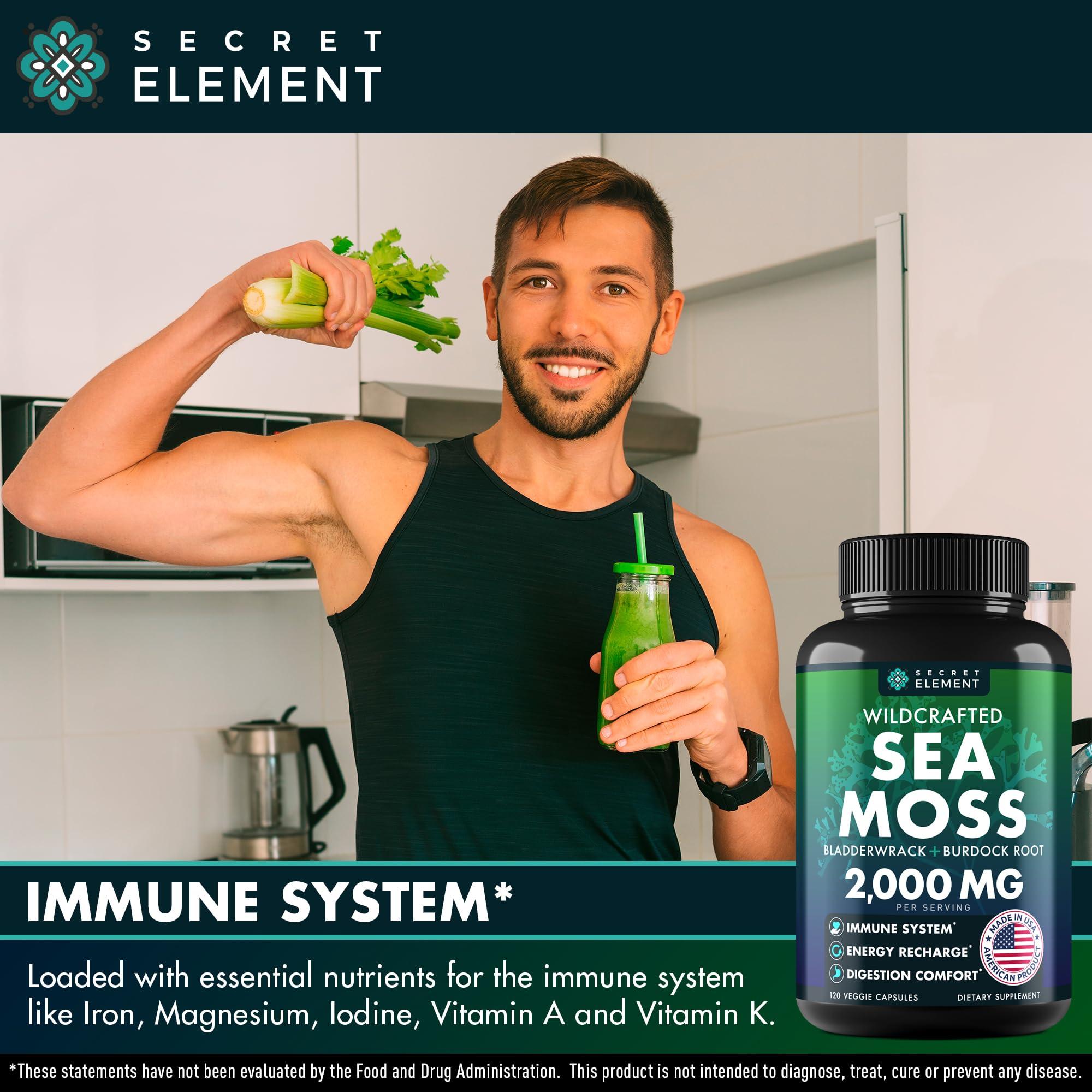 Secret Element Sea Moss Capsules - Irish Sea Moss Advanced with Burdock Root, Bladderwrack & Muira Puama for Immunity, Gut, & Energy - Superfood Sea Moss Supplements w/Raw Sea Moss Powder - 120 Irish Seamoss Pills