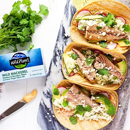 Wild Planet Wild Planet Wild Mackerel Fillets in Organic Extra Virgin Olive Oil, Skinless & Boneless, Tinned Fish, 4.4 Ounce ( Pack of 12)