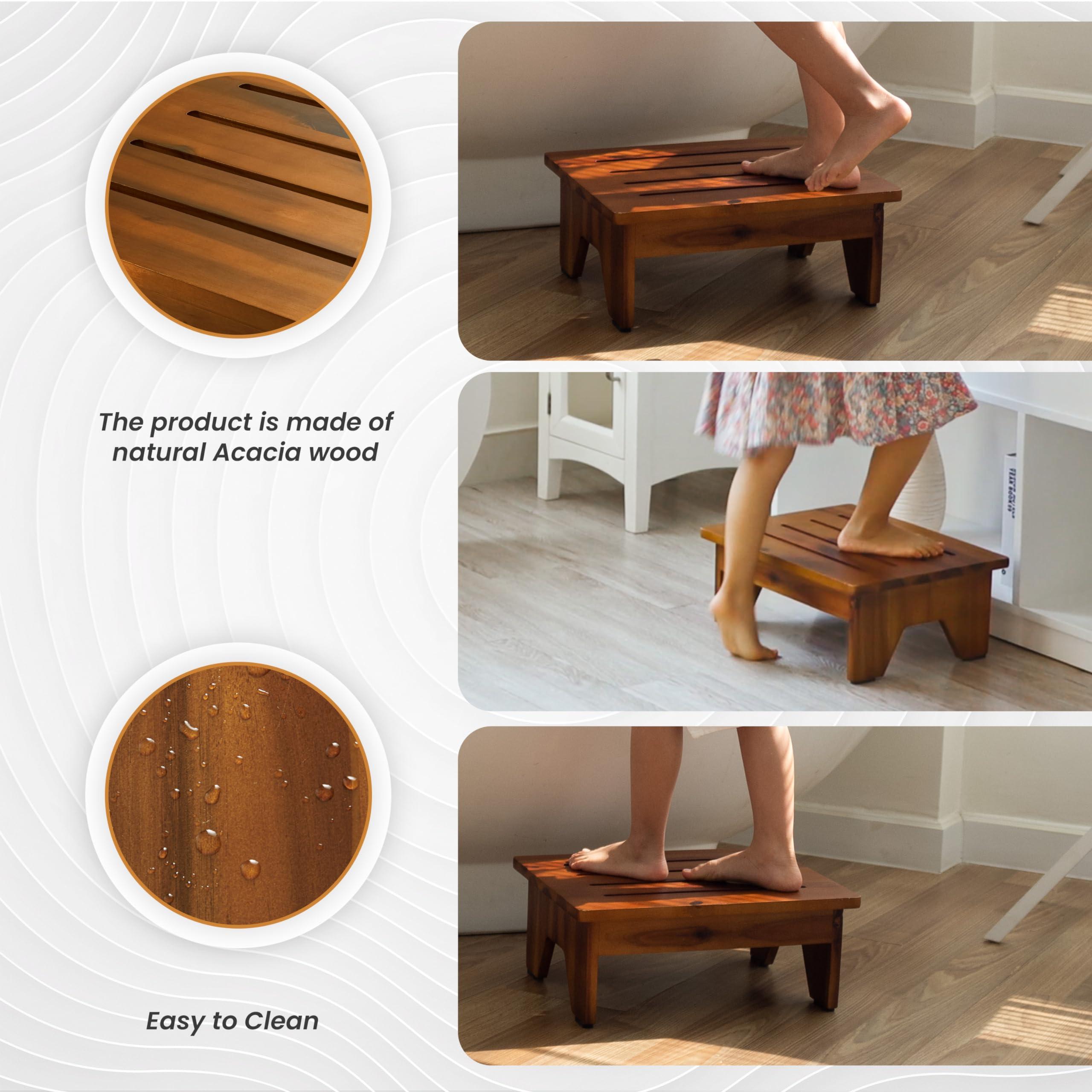 HOLANA Holana 6.5\" Wooden Step Stool for Adults (No Assemble Required)- 200 Lbs One Step Stools for High Bed Riser - Small Stepping Stool for Elderly, Seniors, Kid/Bathroom, Bed, Kitchen (Acacia Wood)