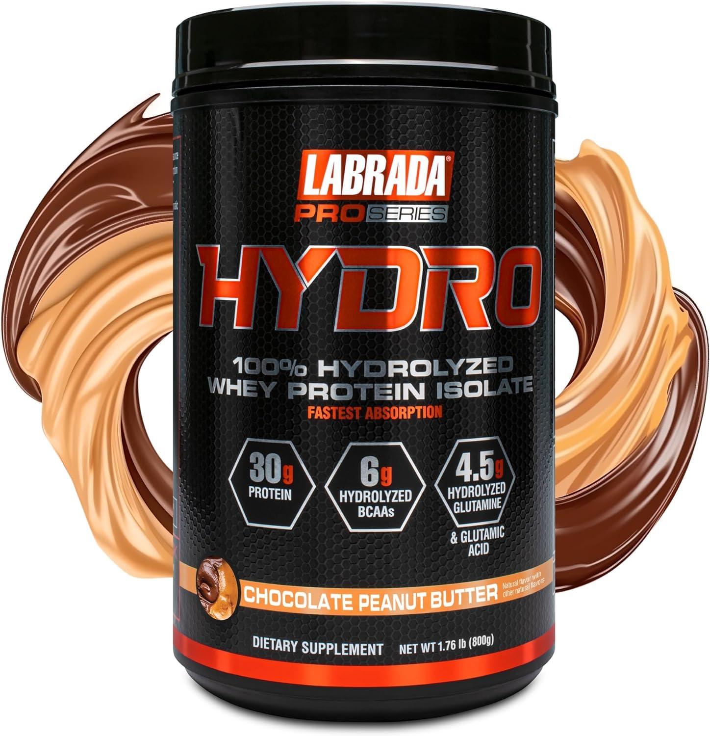 Labrada LABRADA HYDRO 100% Pure Hydrolyzed Whey Protein Isolate Powder, Lactose free, 6g BCAAs, 4.5g Glutamine, Fastest Digesting Whey Available, Instant Mixing, Delicious Taste 20 Servings Choc PeanutButter