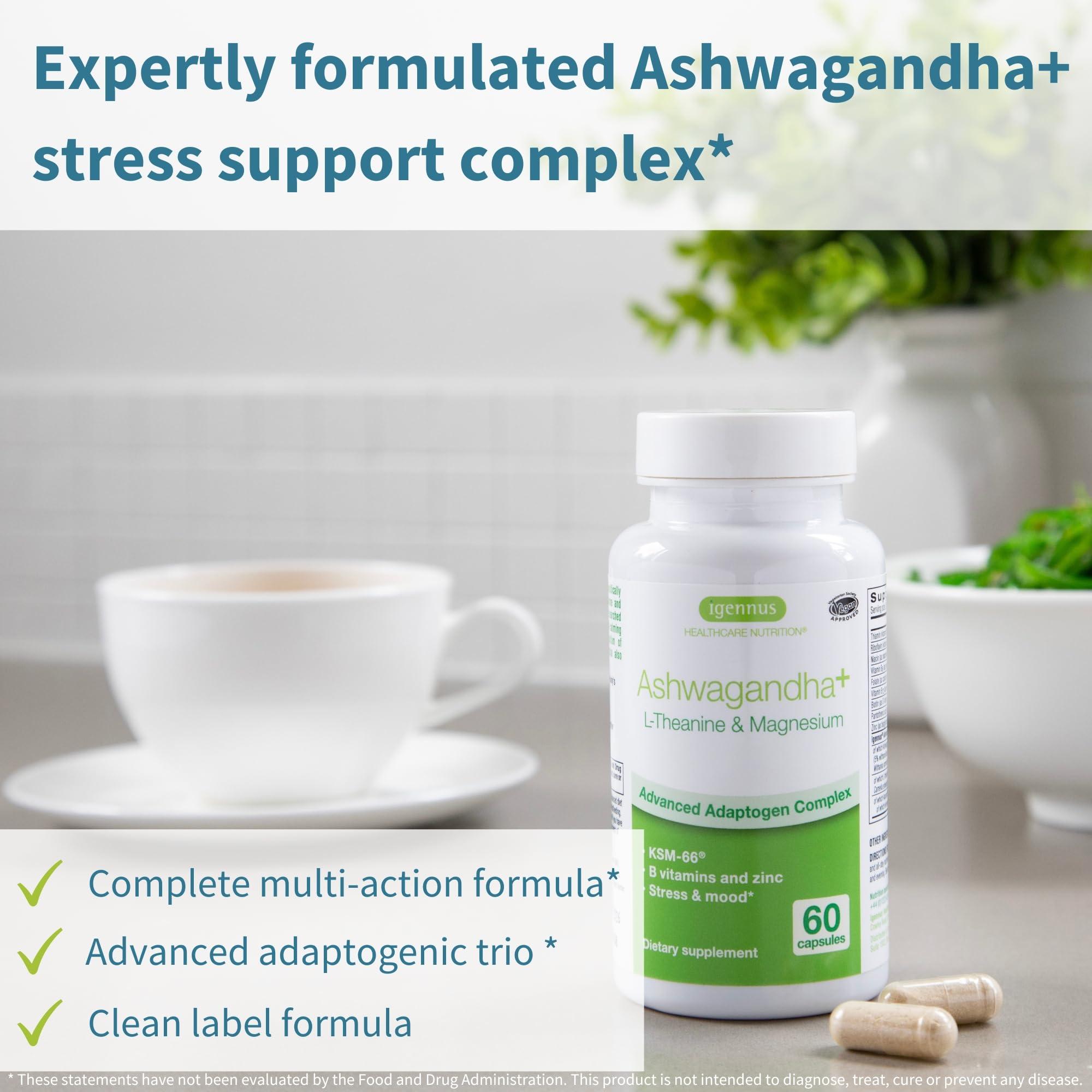 Igennus Healthcare Nutrition Igennus Advanced Ashwagandha KSM-66, L-Theanine & Magnesium, Clean Label, Multi Action Adaptogen Complex for Stress Support with Zinc & B Vitamins, 360 Vegan Capsules