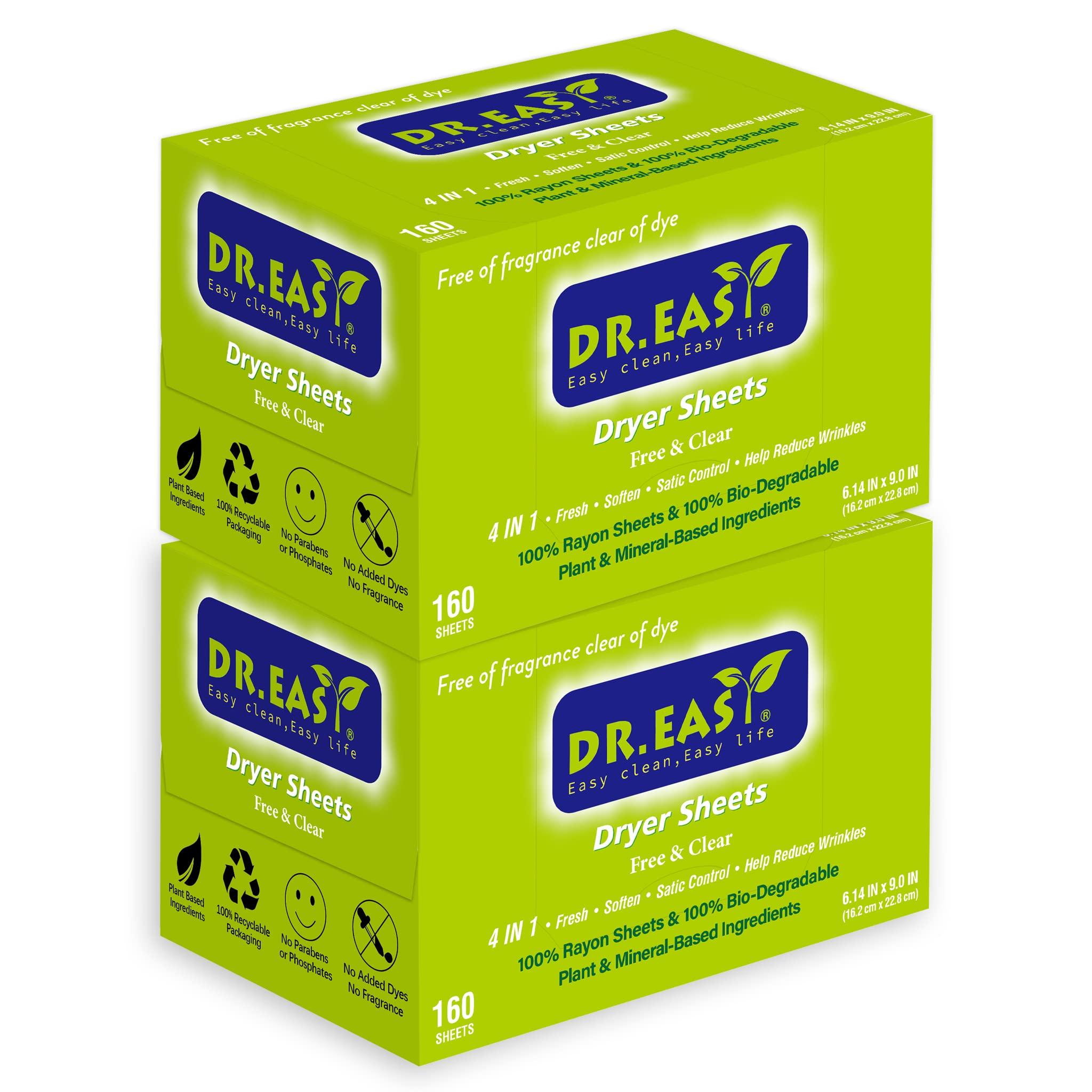 DR. EASY Dr.Easy Dryer Sheets Free & Clear Plant Based all ingredients for Sensitive Skin 320 Ct 100% Rayon Fabric Softener sheet unscented & no dyes Reduce Static & Wrinkles Soften Clothes Help Repel Pet Hair