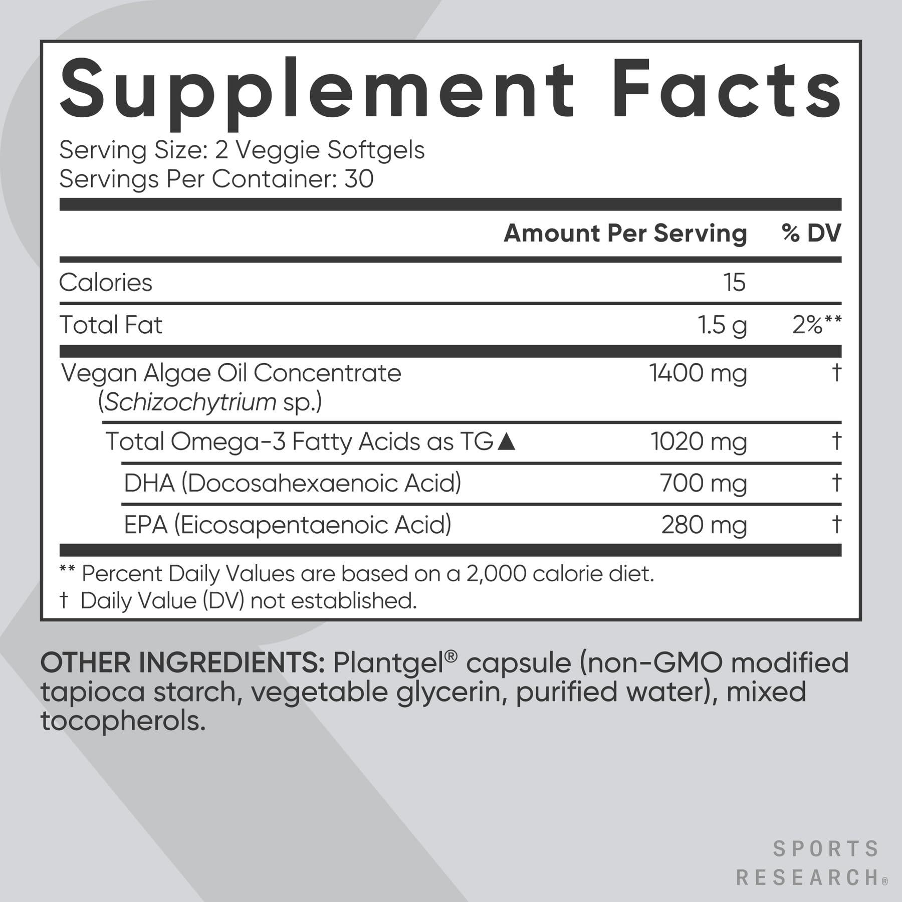 Sports Research Sports Research Vegan Omega-3 Fish Oil Alternative from Algae Oil - Highest Levels of DHA & EPA Fatty Acids | Non-GMO Verified & Vegan Certified - Fresh Lemon Scent - 60 Veggie Softgels