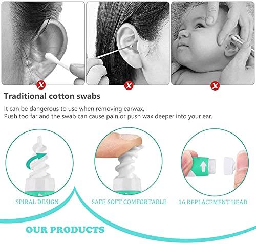 N+A Q-Grip Ear Wax Remover, Upgraded Spiral Swab Q-Grip Ear Wax Remover Kit Ear Cleaner Ear Wax Removal Tool with 16 Replacement Heads, Suitable for Adults and Children (Green)