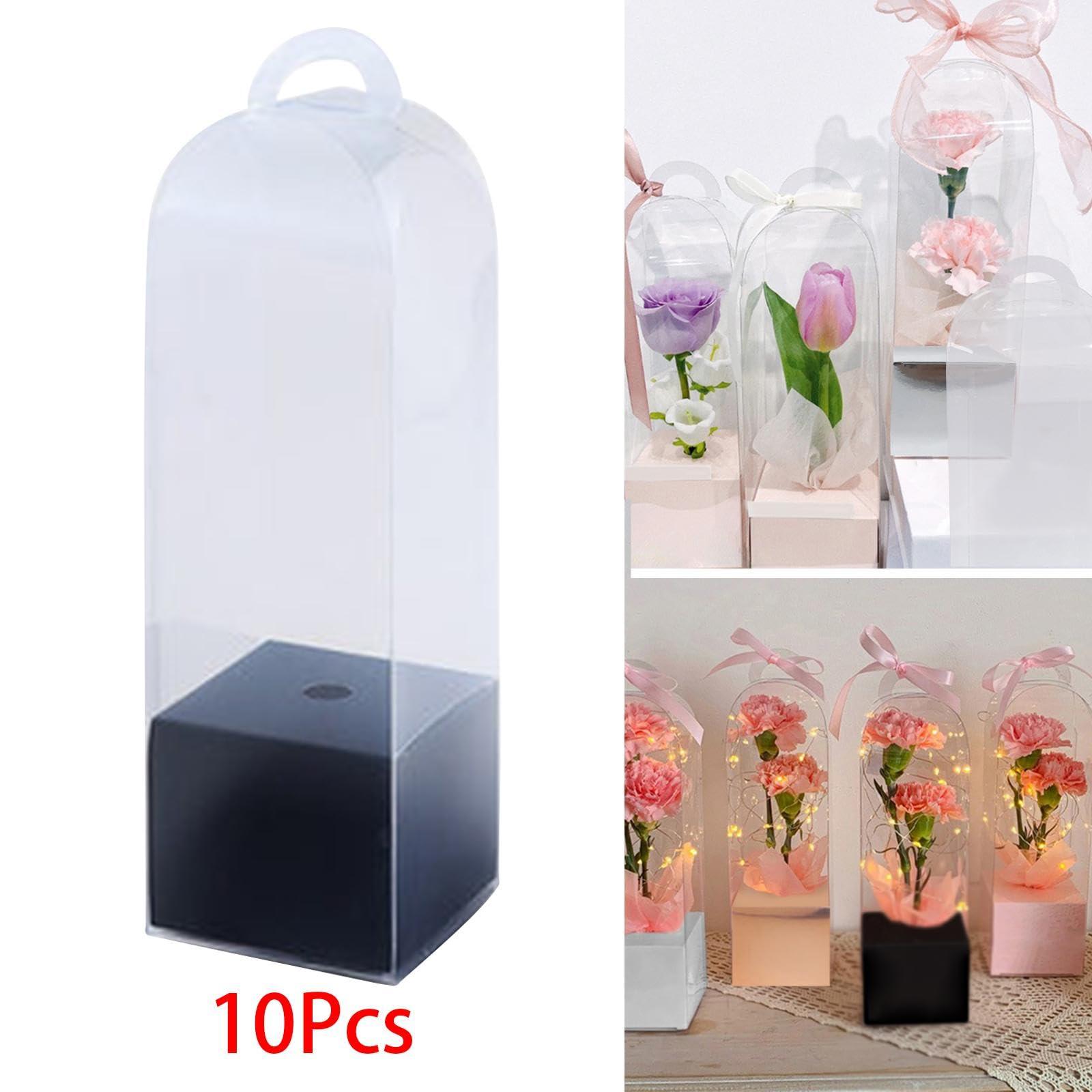B Baosity 10 Pieces Flower Gift Boxes Single Rose Flower Box Empty with Handle Transparent Reusable Gift Bags Bag Flower Packaging Box for Anniversary, Black