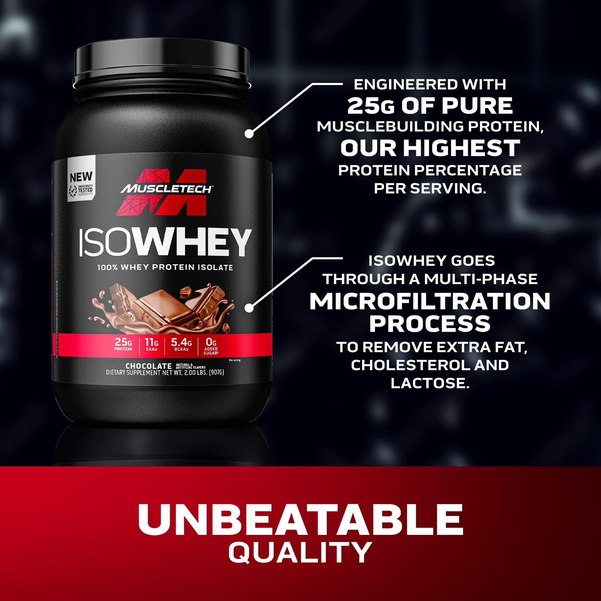 MuscleTech MuscleTech ISO Whey Isolate Protein Powder, Chocolate - Post Workout Gym Supplement for Lean Muscle Gain, Body Building Weight Gainer & Recovery - 25g Protein, BCAA, EAA & 0 Added Sugar - 2lbs
