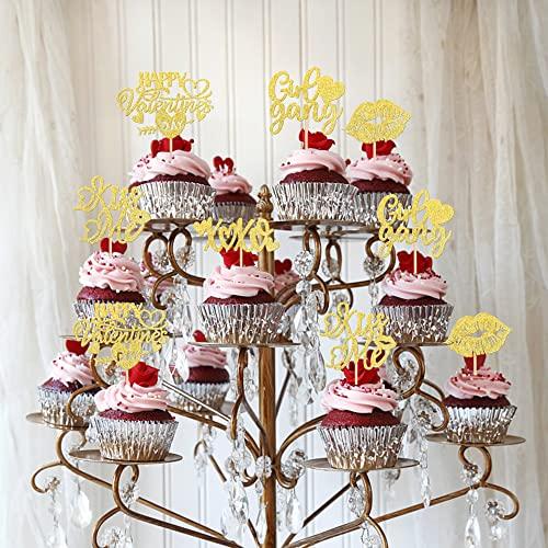 ZHUOWEISM 30 PCS Happy Valentine's Day Cupcake Toppers Glitter Lips Kiss Me Love heart Be Mine Cupcake Picks for Valentine's Day Theme Wedding Bridal Shower Birthday Party Cake Decorations Supplies Gold