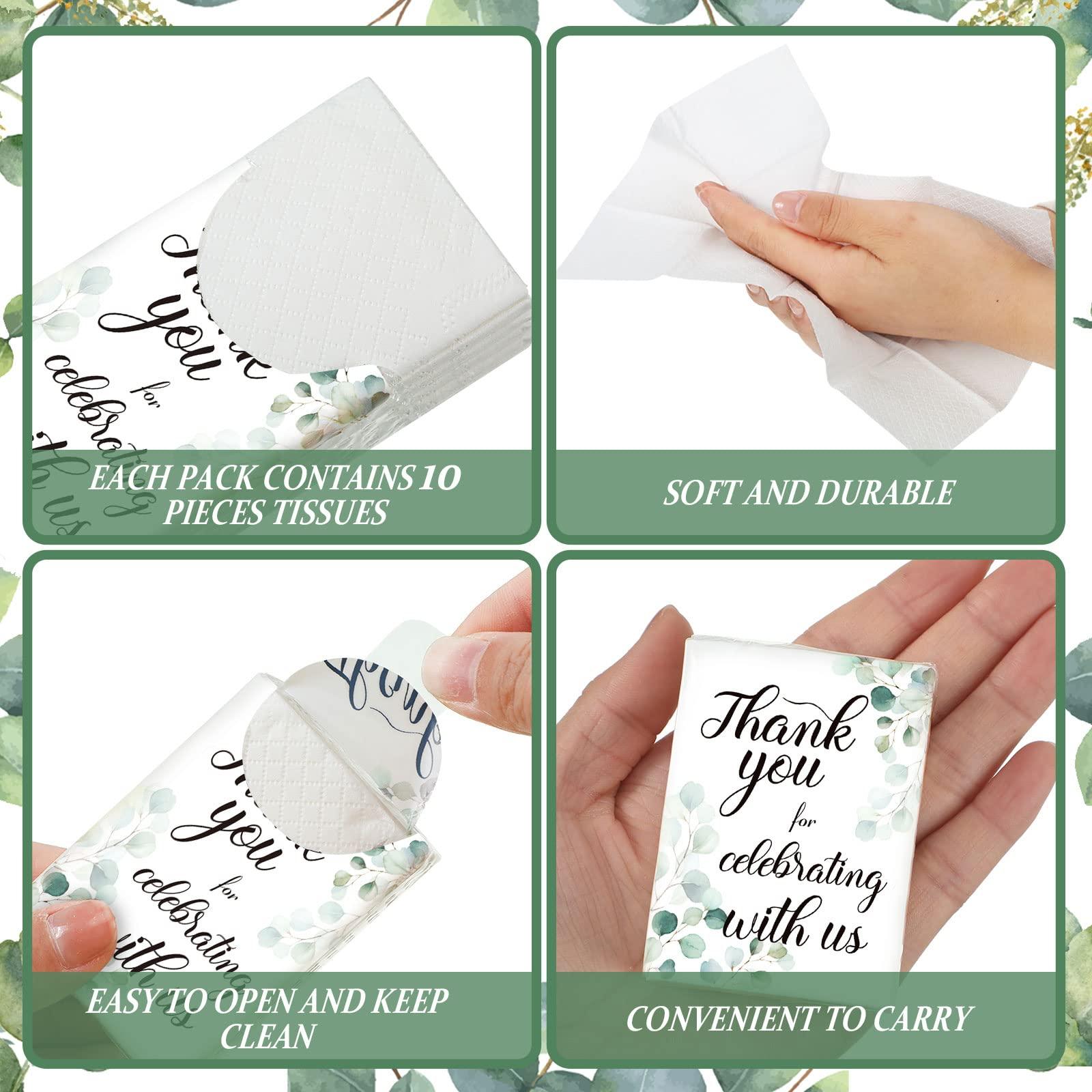 Sinmoe 100 Pack Wedding Bulk Travel Pocket Tissue Thank You Mini Facial Tissue Greenery Eucalyptus Tissue 3 Ply Tissue for Celebrating with Us Guest Tissue for Wedding, Bridal Shower, Graduation
