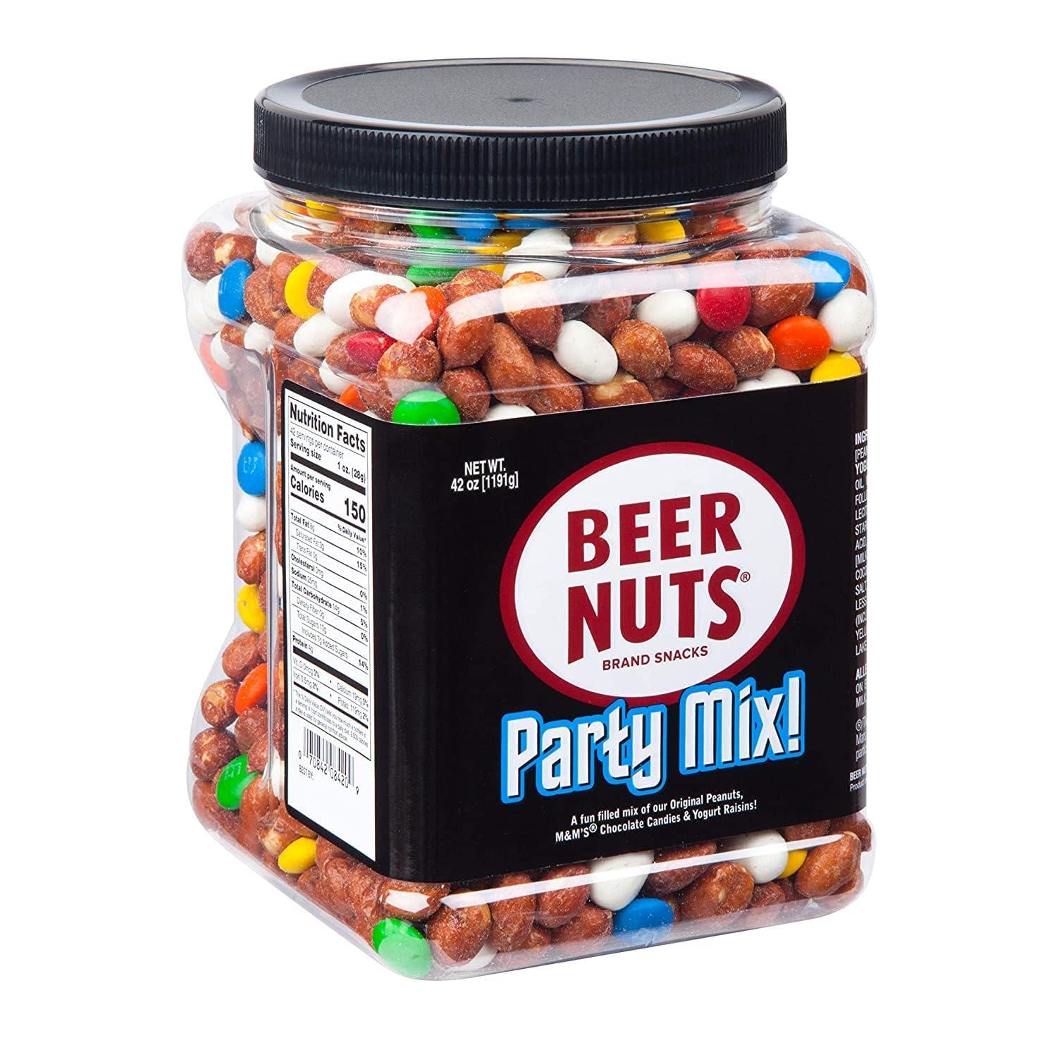 BEER NUTS BEER NUTS Party Mix - Original Sweet & Salty Roasted Gourmet Peanuts, Plain Yogurt Covered Raisins, M&M\'s Milk Chocolate Candies - Kosher, Gluten Free, Family Size Resealable Packaged Snack - 42oz Jar