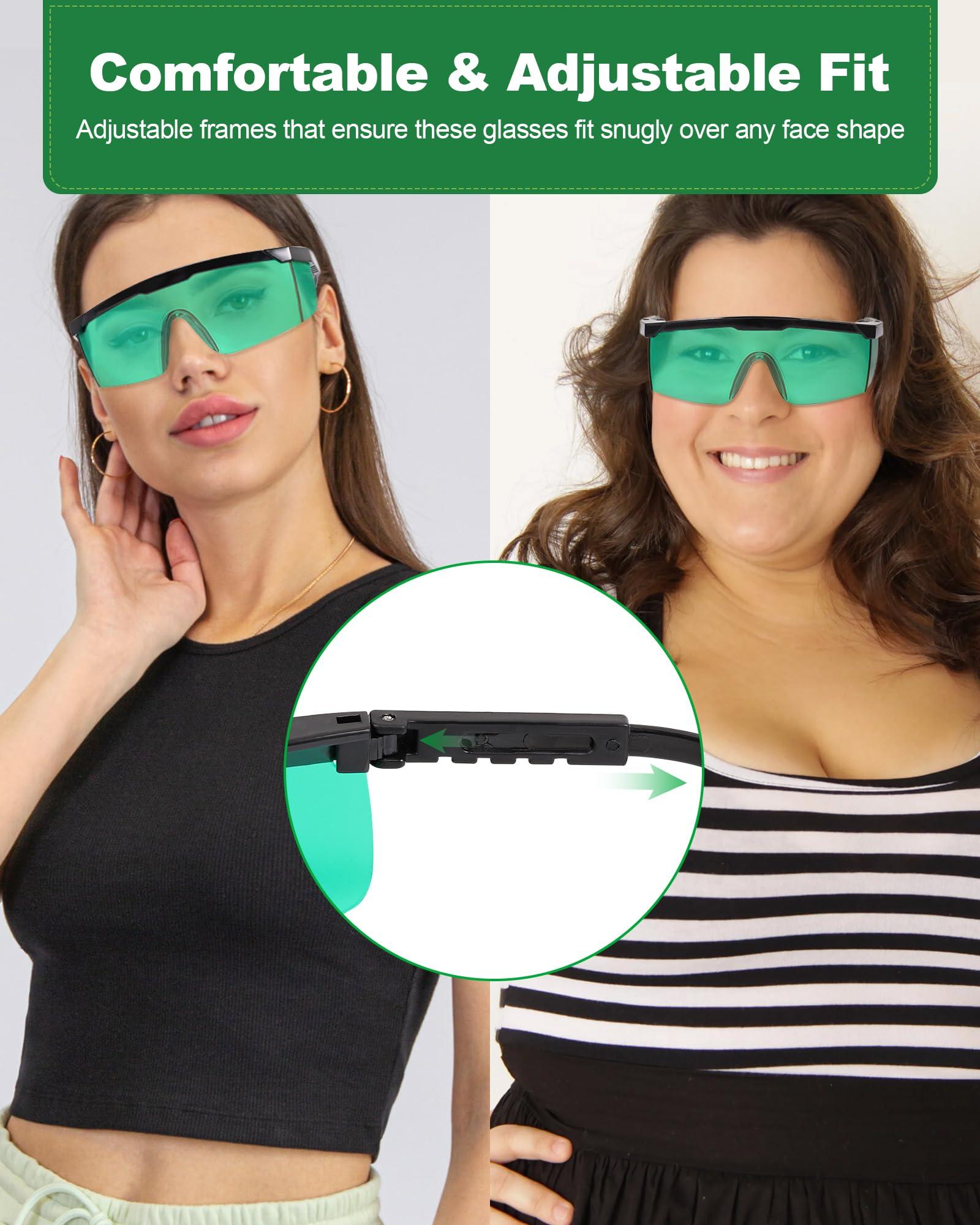 LIGHTMEUP Red Light Therapy Glasses, See-Through Eye Protection for Red Infrared 200-2000nm Full-Coverage Design Adjustable Fit Transparent Green Lenses for Phone & TV Use During Therapy Sessions Pack of 2