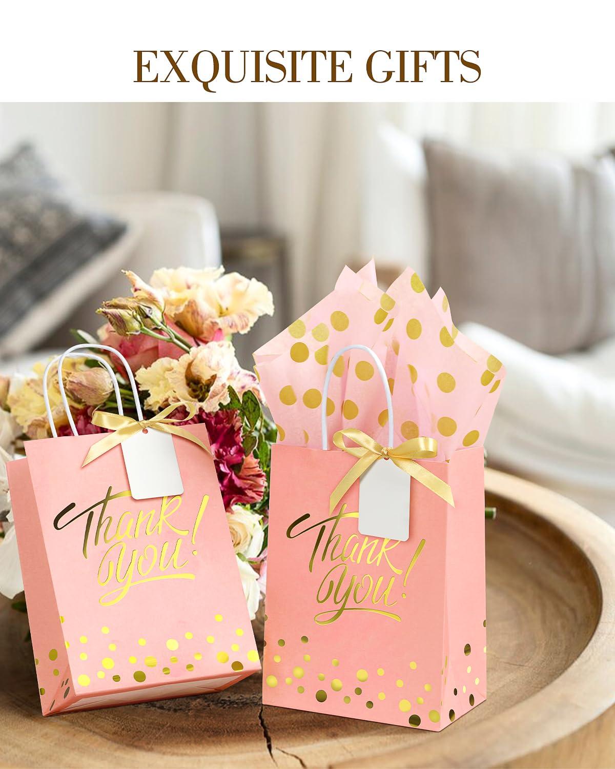 EQOREIIN EQOREIIN 25 Pack Gift Bags with Handles 8.3x6x3.1 Inches Thank You Gift Bags Party Favor Bags Kraft Paper Goodie Bags with Bow Ribbon for Mother\'s Day, Baby Shower, Graduation, Birthday(Pink)