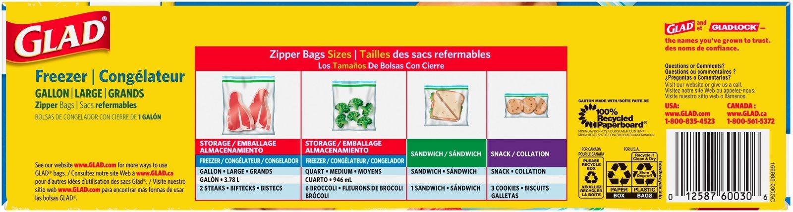 Glad Glad Zipper Freezer Storage Plastic Bags, Gallon, 30 Count (Packaging May Vary)