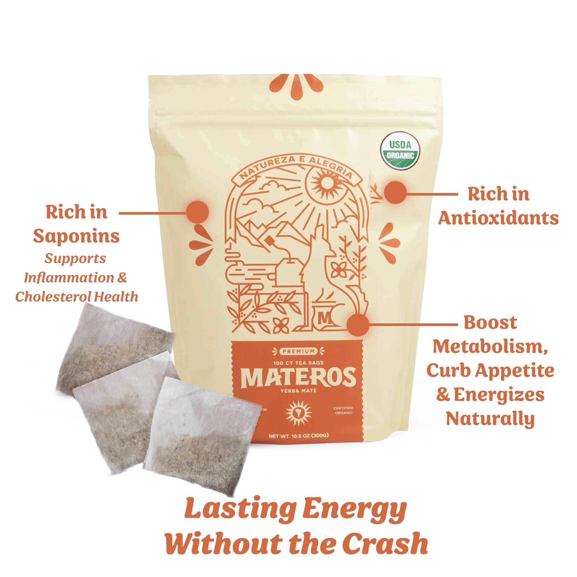 Materos Yerba Mate Loose Leaf Tea Bags, 100 Count Yerba Mate Tea Bag, 100% Organic, Premium Quality Yerba Mate Organic, Unsmoked & Aged, Large Caffeinated Herbal Yerba Mate Tea Bags