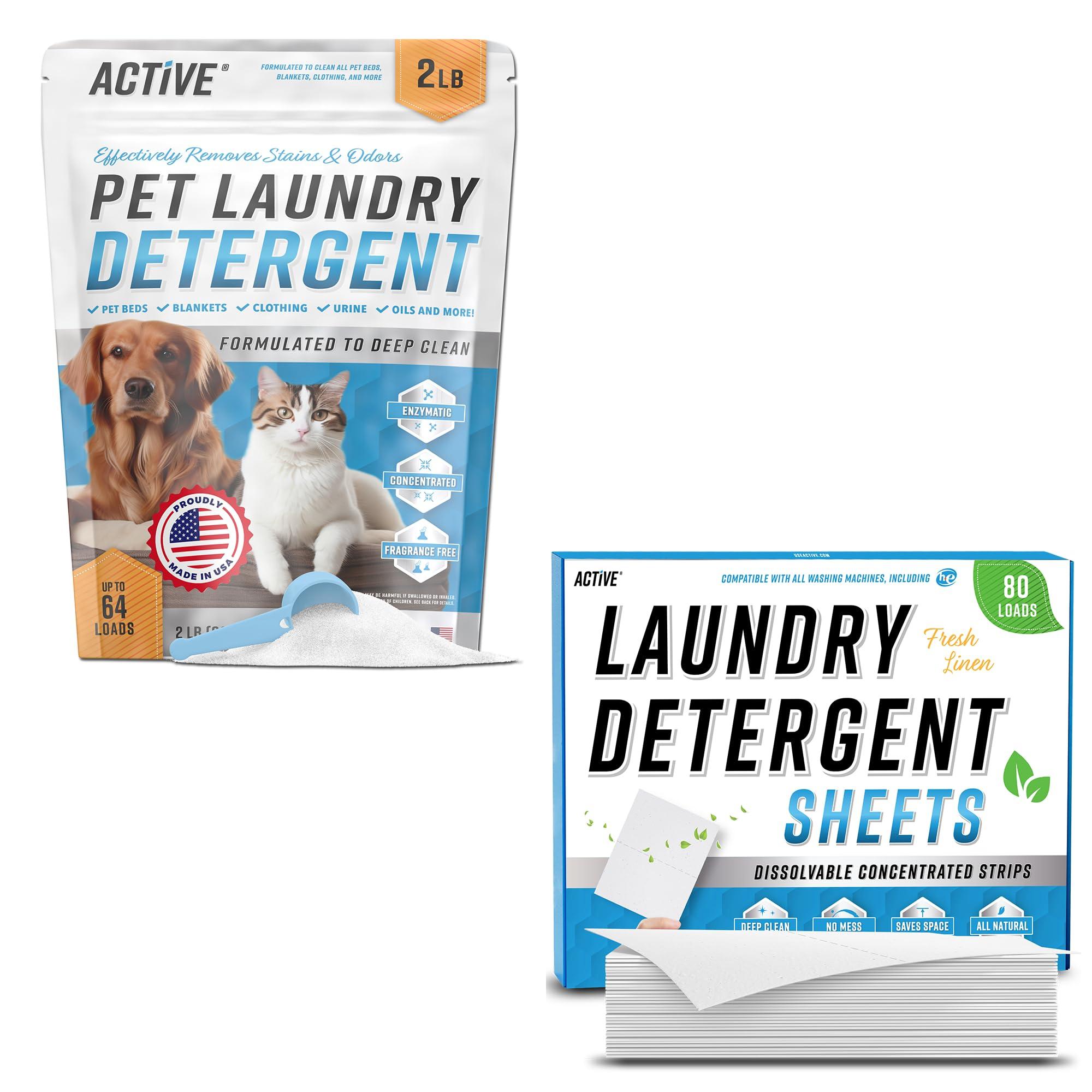 ACTIVE ACTIVE Pet Laundry Detergent and Laundry Detergent Sheets - Includes 2LB Pet Detergent Powder and 80 Load of Fresh Linen Scent Detergent Sheets