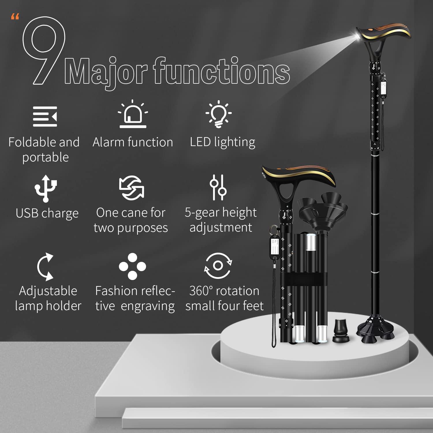 ispuoocti ispuoocti Folding Cane, Smart Alarm Foldable Cane with Light, Fashion Walking Cane for Women&Men, Adjustable Canes for Seniors, USB Direct Charging, Lightweight and Portable (Black)