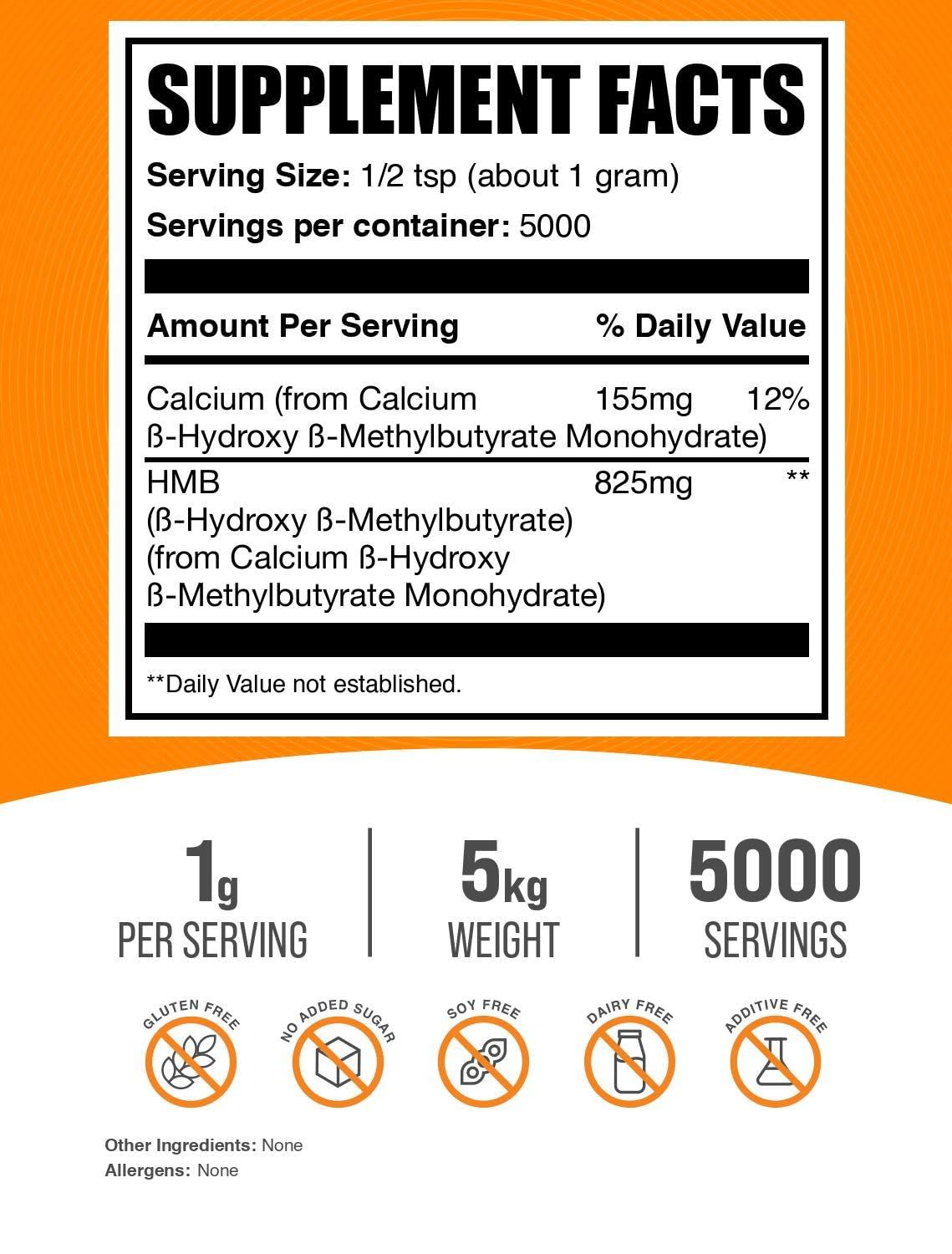 BulkSupplements BulkSupplements.com HMB Powder - as Calcium HMB, Beta-Hydroxy Beta-Methylbutyrate - HMB Powder Supplements, Gluten Free - 1000mg per Serving, 5kg (11 lbs) (Pack of 5)