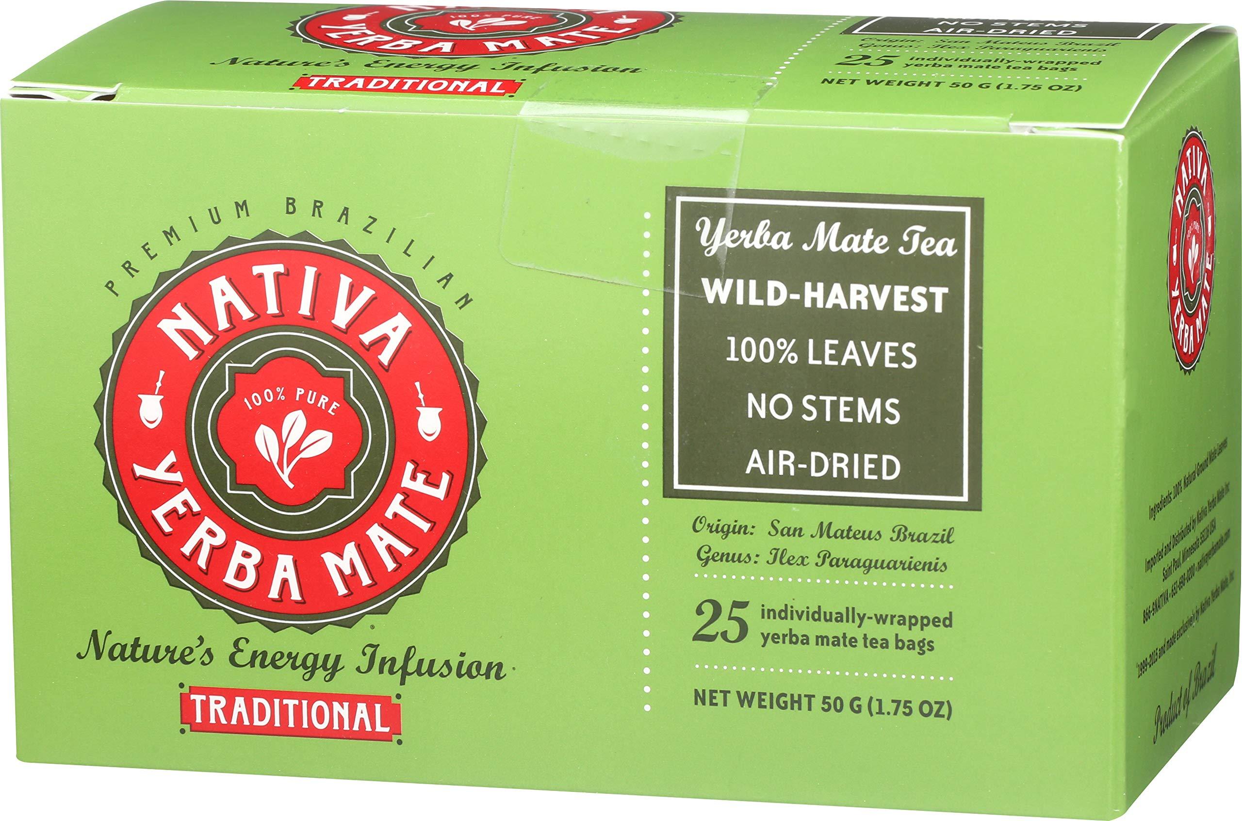 NATIVA YERBA MATE 100% PURE Nativa Yerba Mate Pack - 25 Yerba Mate Tea Bags - Individually Wrapped Bags (Pack of 2)