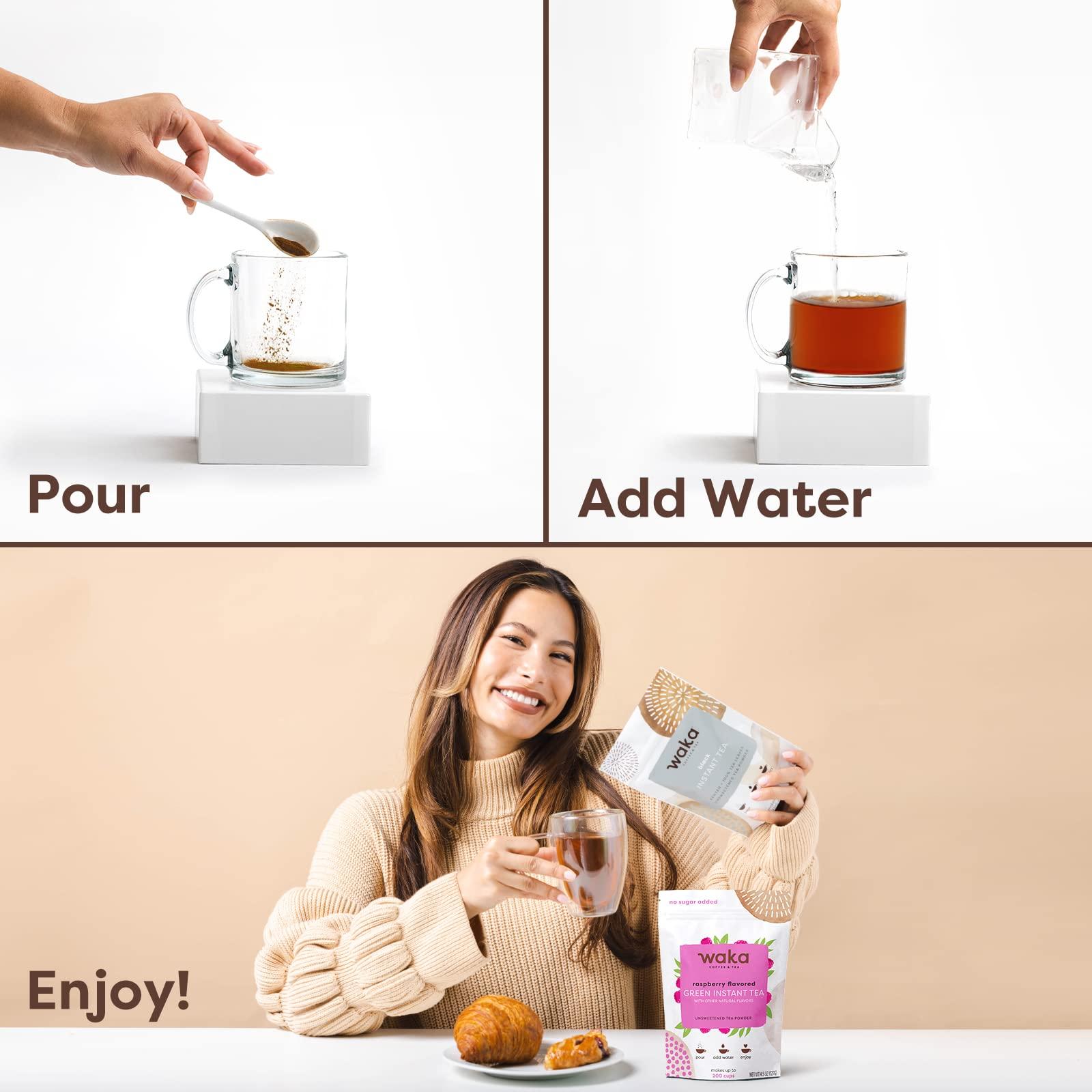 Waka Coffee Waka Instant Tea Mix, 2 Bag Bundle - 100% Tea Leaves, No Additives, Unsweetened Tea Powders - Kenyan Black, Raspberry Flavored Green (4.5oz Each)