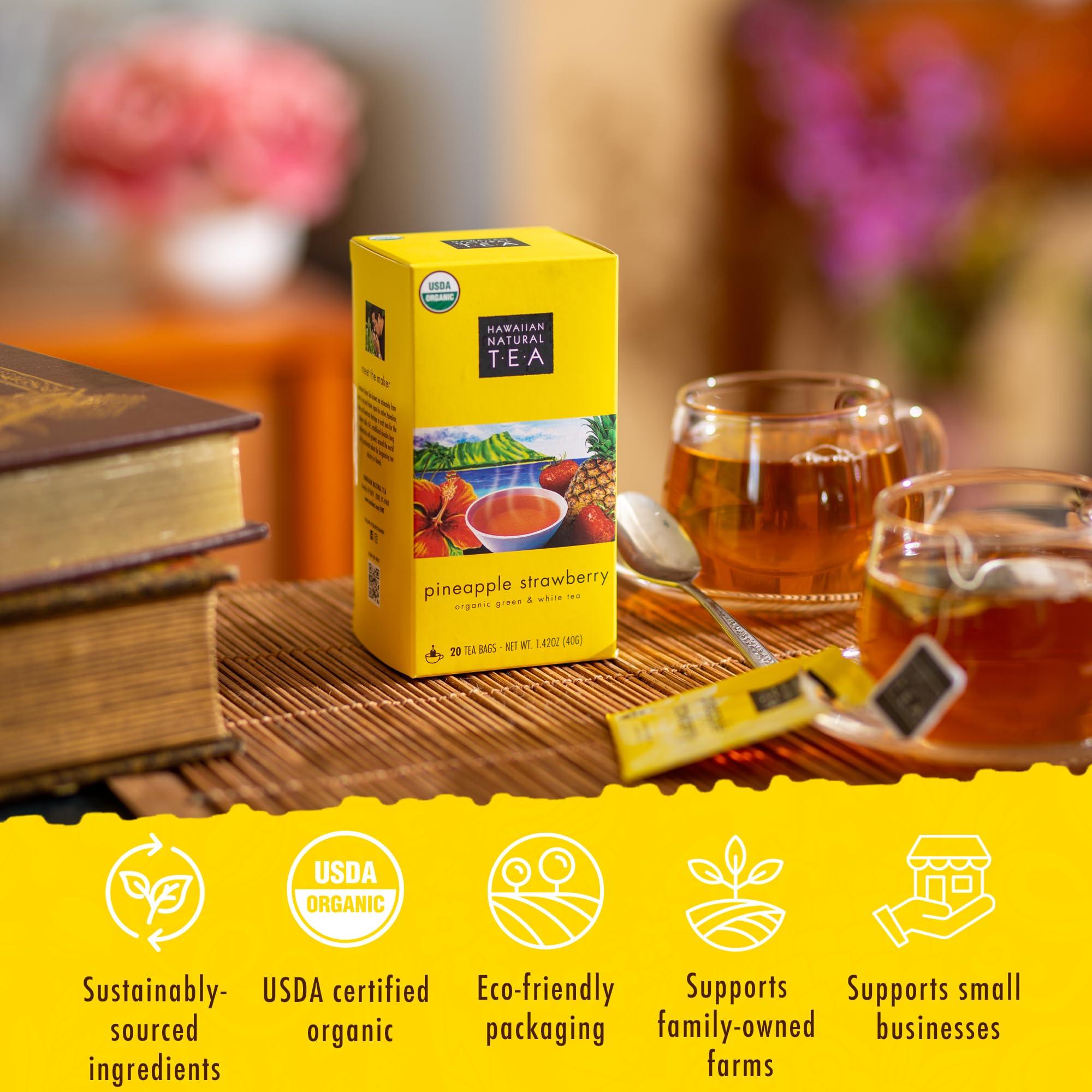 HAWAIIAN NATURAL T·E·A Hawaiian Natural Tea Pineapple Strawberry Flavored Organic Tea - Tropical Fruit Green Tea Blend with White Tea - Perfect Daily Cup & Gift for Tea Lovers - 20 Tea Bags