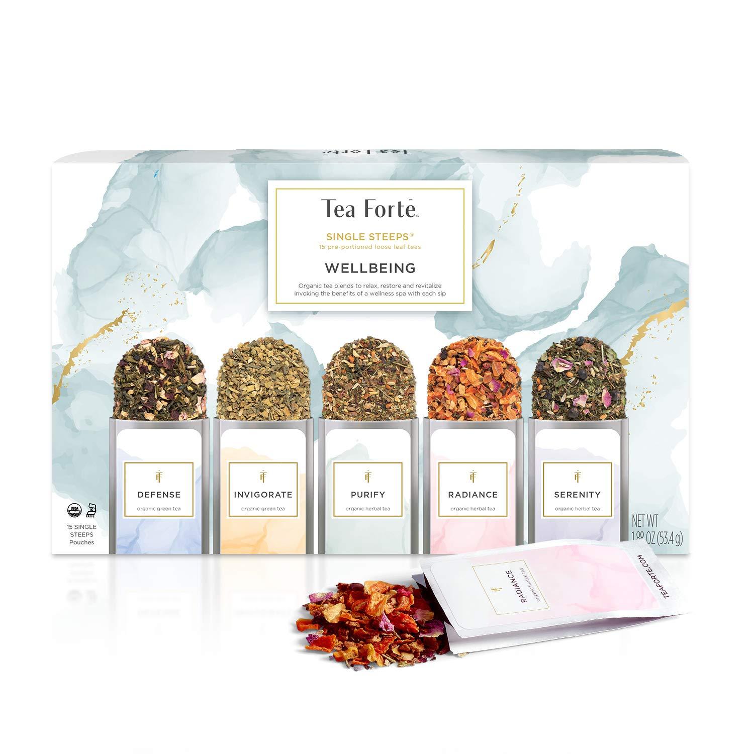 Tea Forte Tea Forte Single Steeps Loose Leaf Wellness Tea Sampler, Assorted Variety Tea Box, Single Serve Pouches, 15 Count (Pack of 1)
