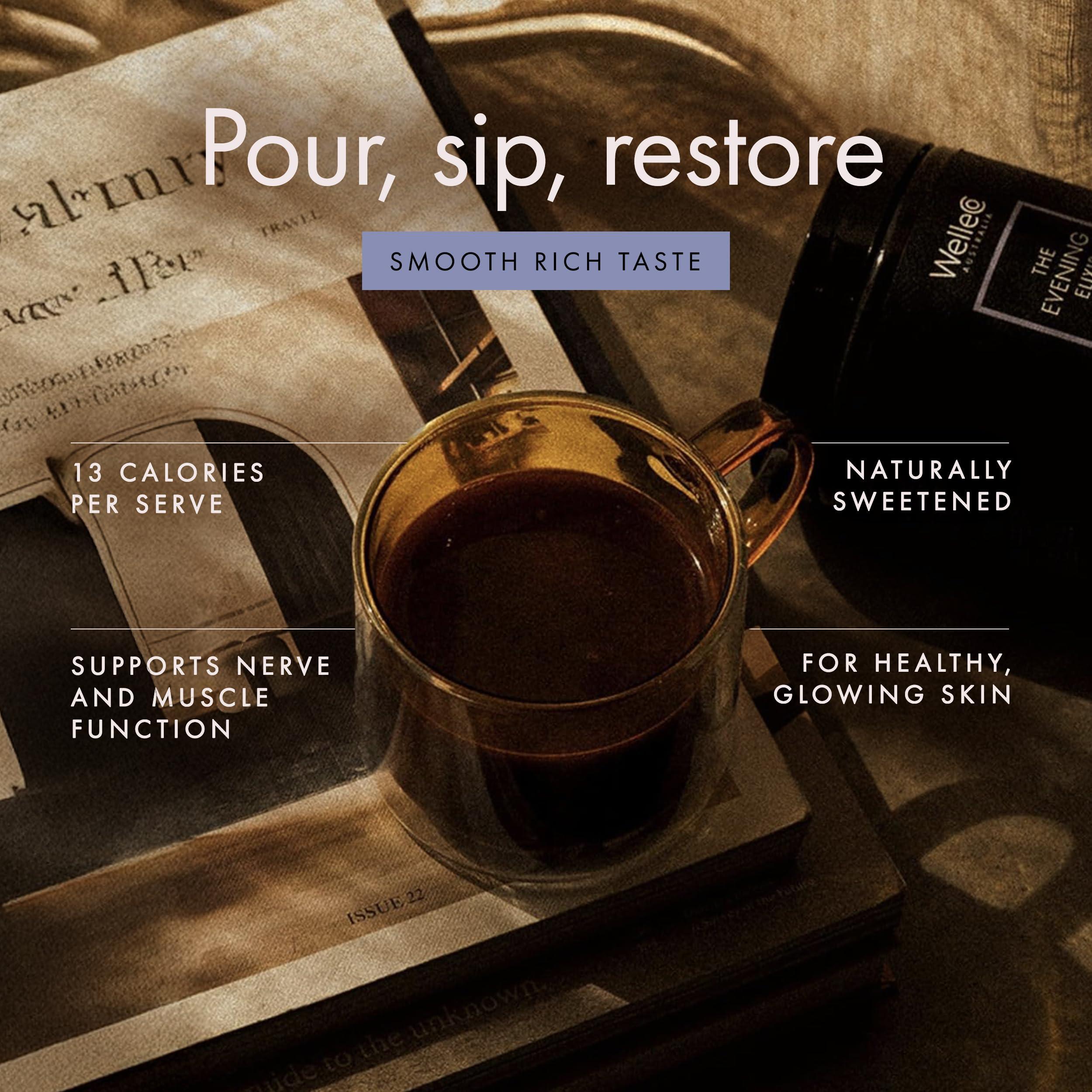 WelleCo WelleCo The Evening Elixir Skin Care Vitamin C Hot Chocolate Beauty Drink Mix with Niacin, Lemon Balm, and Magnesium for Sleep, Collagen Formation, Gluten Free, Vegan, Dairy Free, 150g (5.3oz) Jar