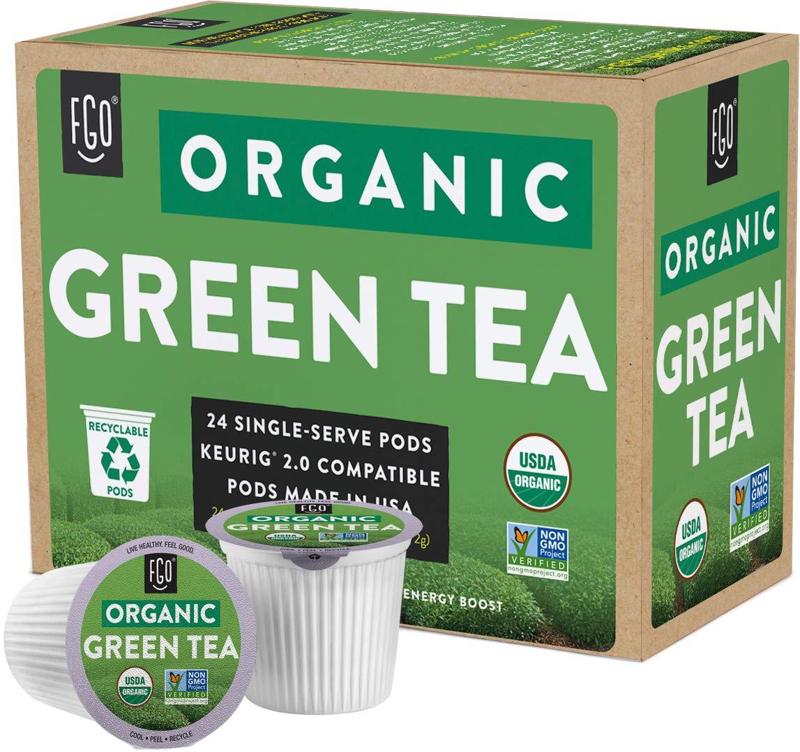 FGO FGO Organic Green Tea K-Cup Pods for Keurig, 24 Count (Pack of 1), Premium Green Tea is USDA Organic, Non-GMO, & Recyclable with Naturally Occurring Caffeine