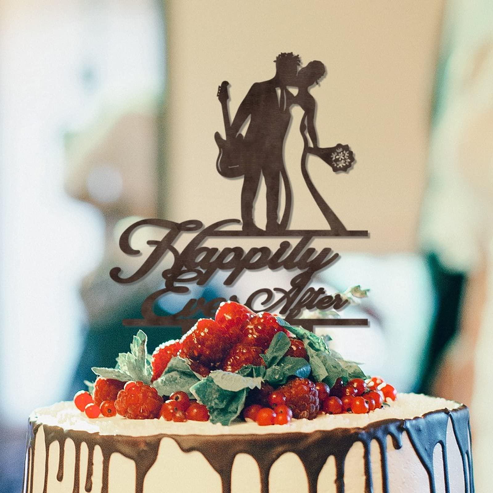 YJHLBHDIAN Silhouette Guitar Player African American Wedding Cake Topper Bride and Groom Personalized Cake Toppers Mr & Mrs Wedding Cake Toppers Couple Married Gift Personalized Cake Topper Wood Cake Topper