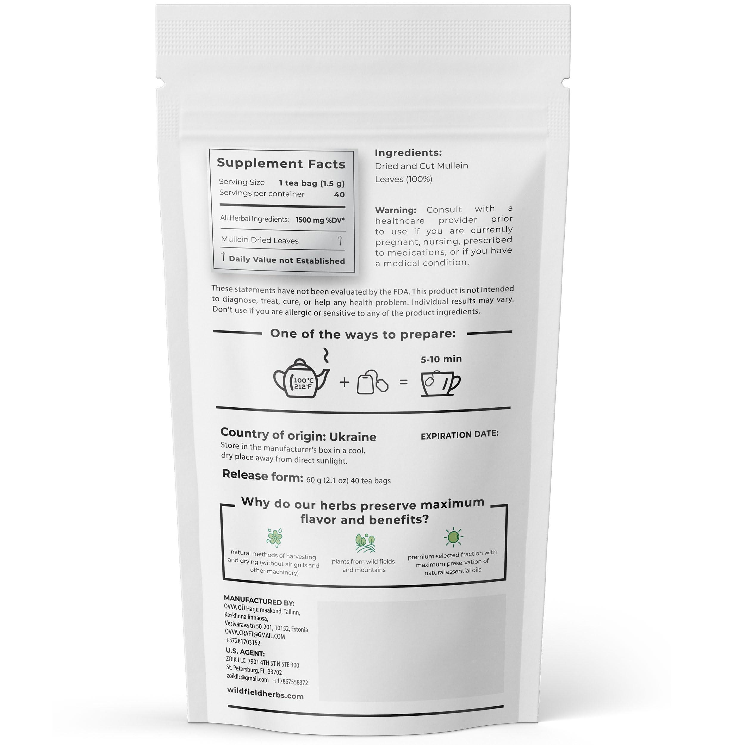 WILDFIELD HERBS 40 Mullen Tea Mullein Tea Leaf (Verbscum L.) - 40 Count 1.5g Tea Bags Mullen Leaves Mullein Loose Leaf Tea Hoja de gordolobo