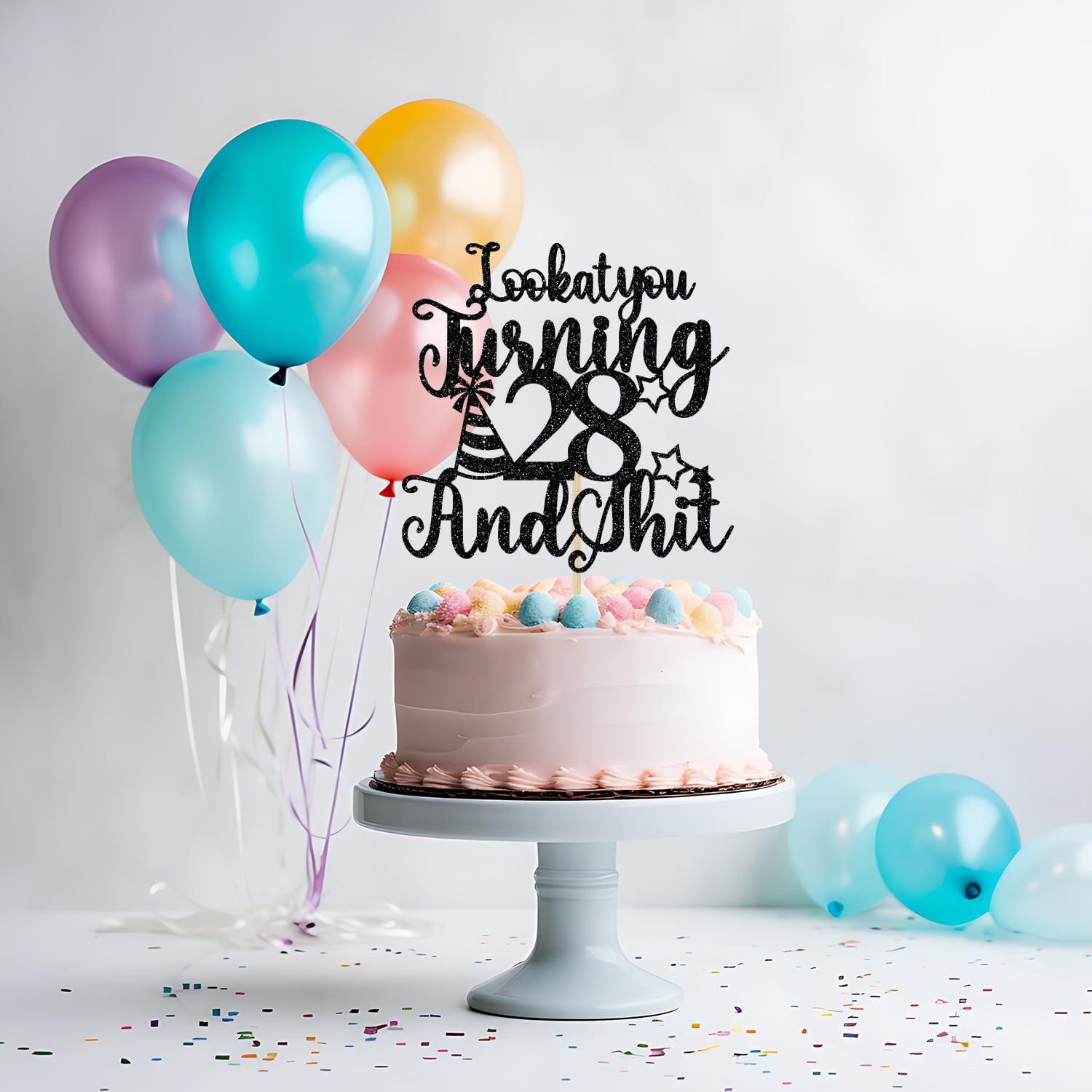 Bytorjar Happy 28th Birthday Cake Topper, 28th Birthday Cake Decor, Cheers to 28 Years, Hello 28, Funny 28th Birthday Party Decorations, Black Glitter