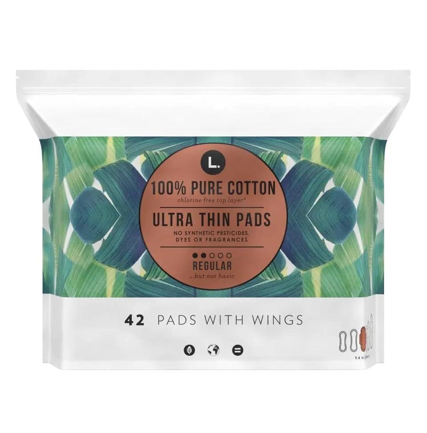 L. L. , Organic Cotton Ultra Thin Pads for Women, Super Absorbency, With Wings, 42 Count