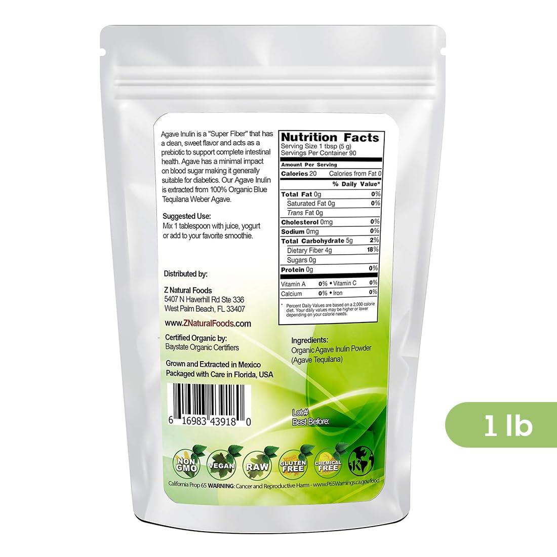 Z Natural Foods Z Natural Foods Organic Agave Inulin Powder, Natural Fiber Supplement, Prebiotic Superfood Powder for Drinks, Smoothies, and Recipes, Raw, Non-GMO, Vegan, Gluten-Free, Kosher, 1 lb