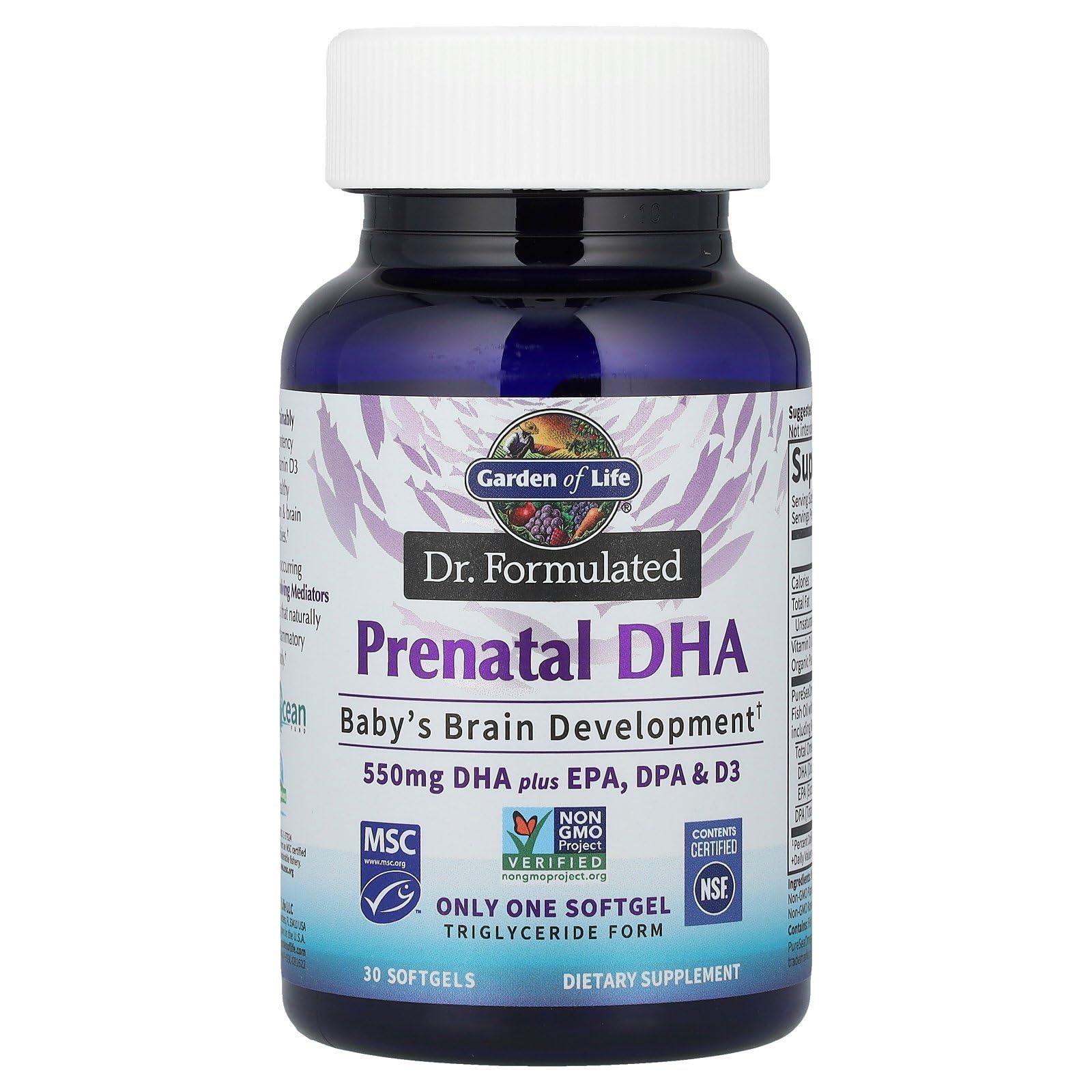 Garden of Life Garden of Life Dr. Formulated Prenatal DHA Fish Oil - 550mg DHA & DPA in Triglyceride Form 100% DV Vitamin D3, Single Source, Mercury Free Omega 3 DHA Supplements for Women's Health, 30 Softgels