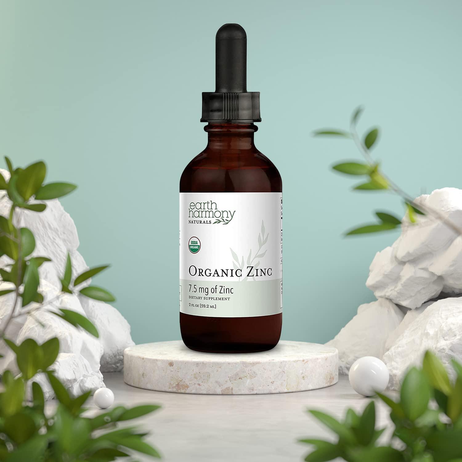 Earth Harmony Naturals Organic Liquid Zinc Sulfate - Pure Zinc Supplements for Skin Health, Immune System Function and Normal Cell Growth in Adult Men & Women - Non-GMO, Vegan 7.5mg - 2 Fl Oz