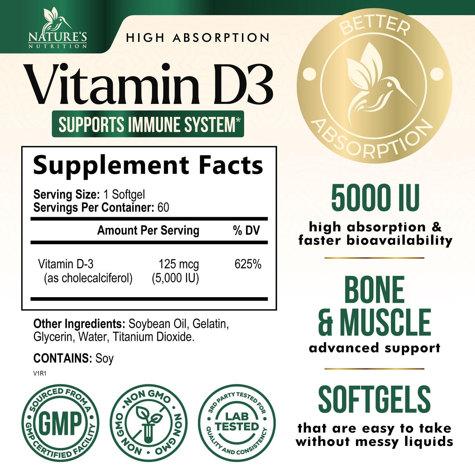 Nature's Nutrition Vitamin D3 Supplement 5000iu (125 mcg) - High Potency Vitamin D Dietary Supplement for Bone, Teeth, Muscle and Immune Health Support - Rapid Absorption D3 Softgel, Non-GMO, Gluten Free - 60 Softgels