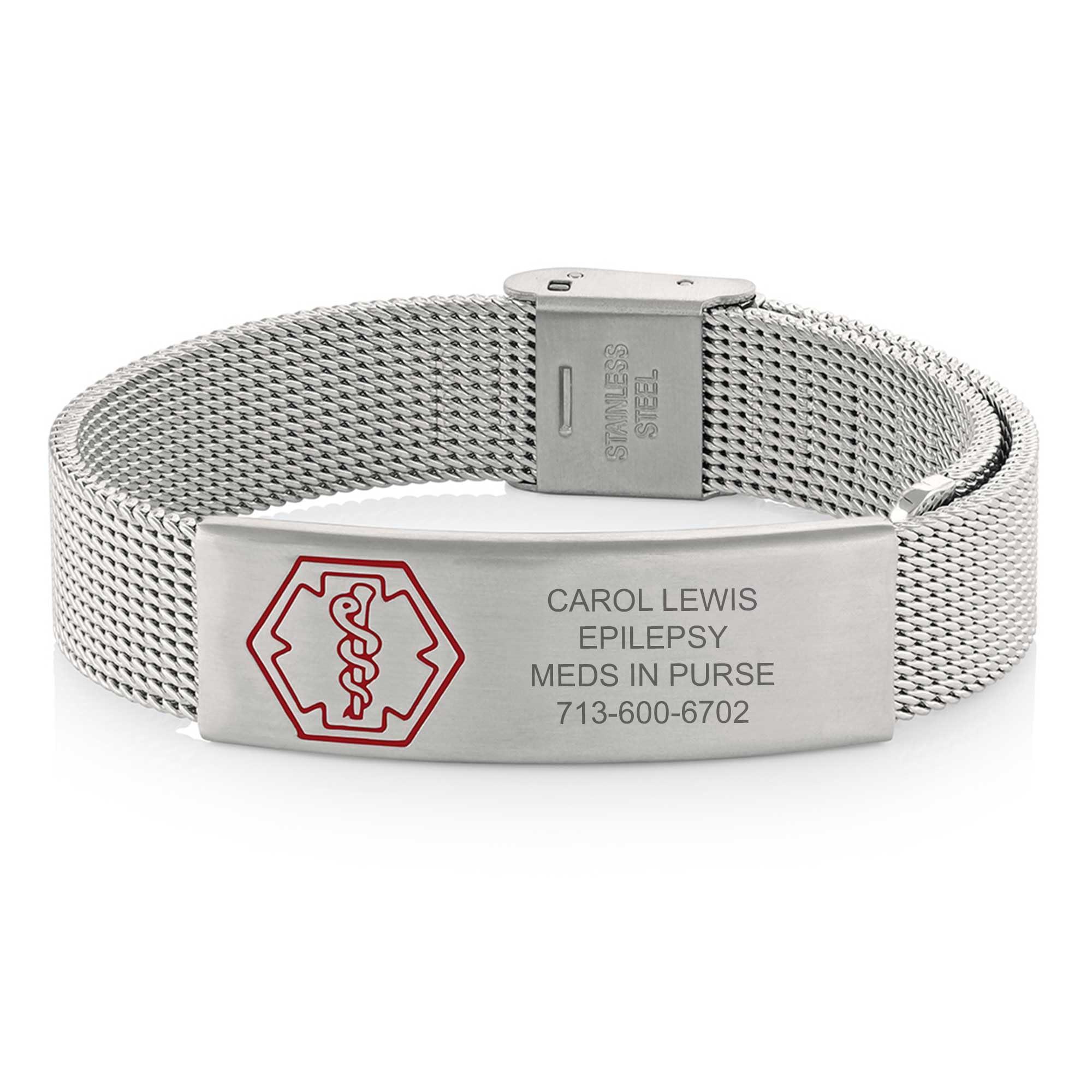 American Medical ID American Medical ID – Sleek Mesh Medical Alert ID Bracelet – Surgical Stainless Steel, Adjustable ID Band Sizing & Clasp, 4 Lines Personalized Engraving Included