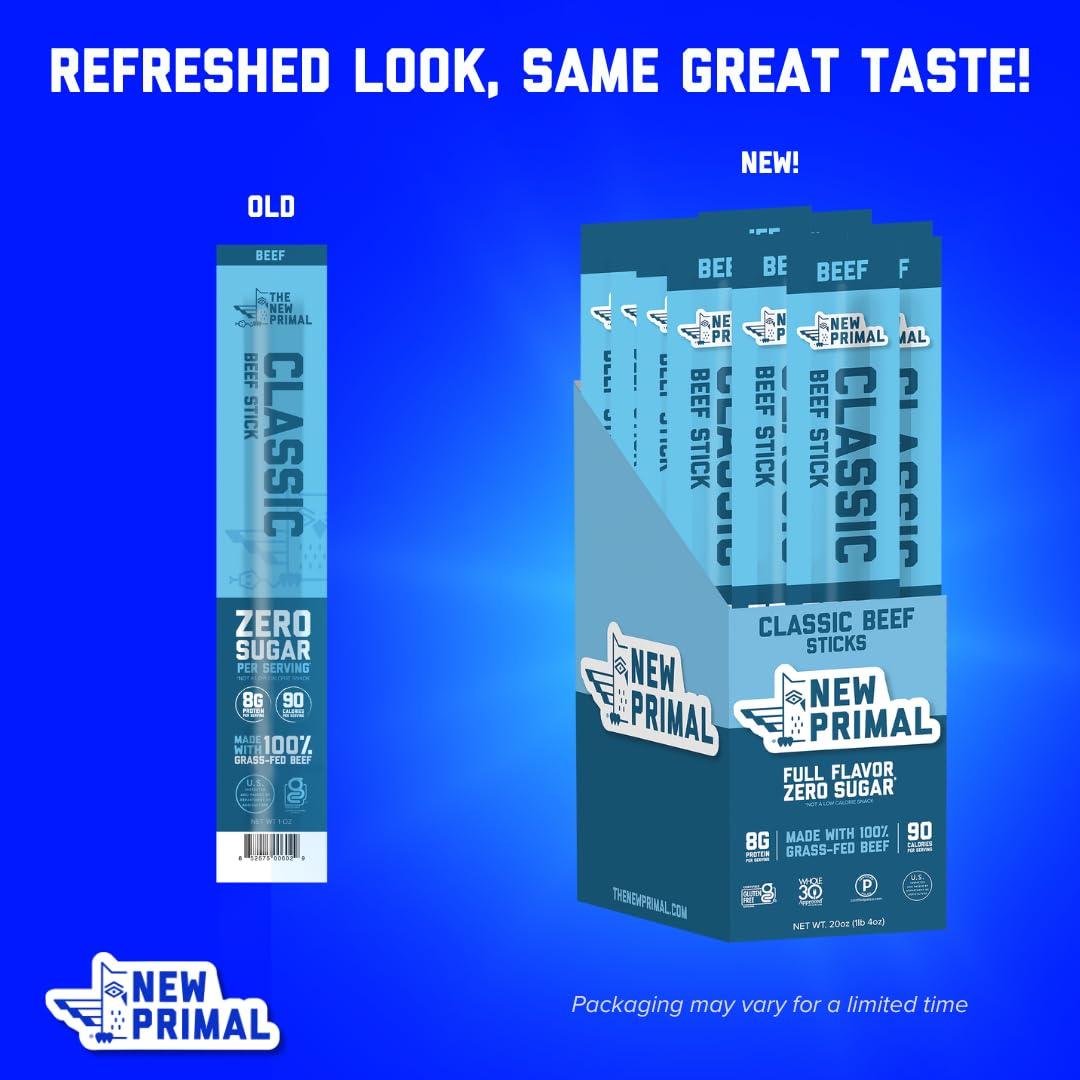 The New Primal The New Primal Grass Fed Beef Sticks, Keto, Gluten Free Healthy Snacks for Adults, Sugar Free Low Carb High Protein Snack, Paleo Whole30 Jerky Meat Stick, 8g Protein, 5 Pack