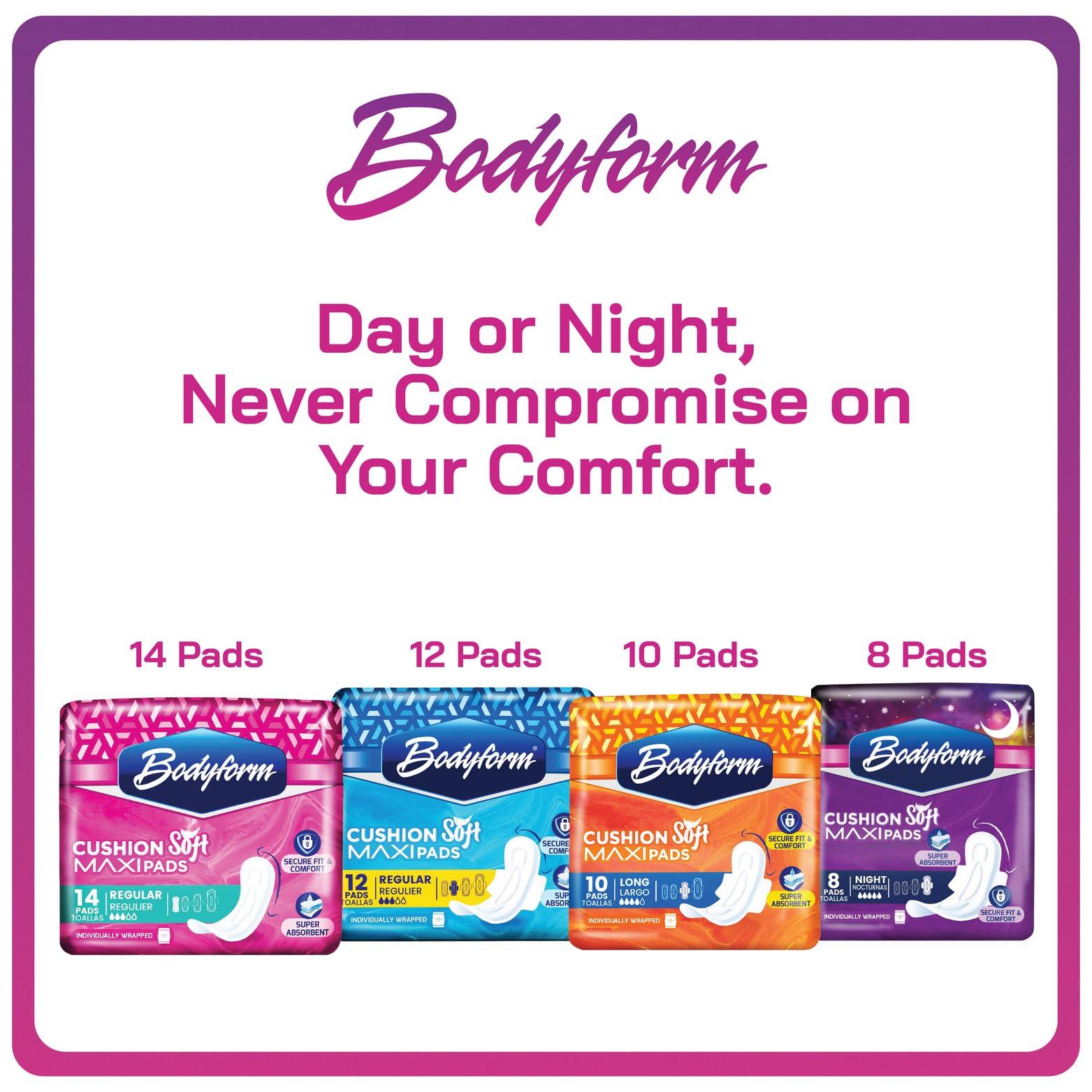 BODYFORM Bodyform Maxi - Premium Sanitary Napkins, Cushion Soft Always Comfortable and Ultra-Absorbent (Regular, 168 Count (12 Packs of 14 Counts))