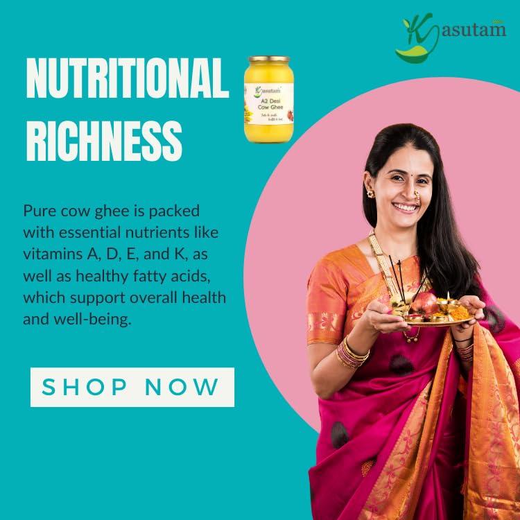 Kasutam Kasutam A2 Desi Cow Bilona Ghee Made By Traditional Vedic Bilona Method Made In Earthen Pot & Hand Churned Free Grazing Grass Fed Cow Ghee Immunity Booster Glass Jar- 1000 Ml