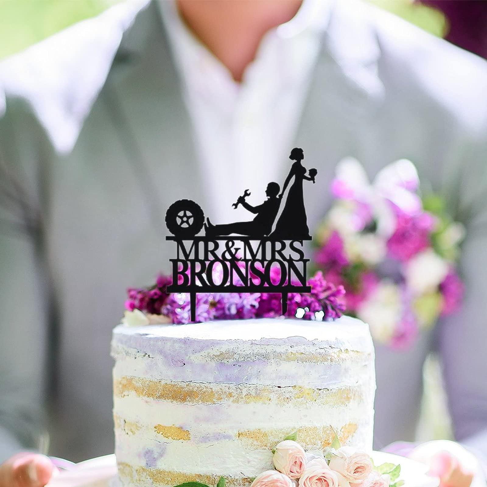 ArogGeld Mechanic Wedding Cake Topper Auto Car Mechanic Vintage Silhouettes Cake Topper Customized Wedding Date Name Bride & Groom Cake Topper for anniversary Engagement Wedding Party Decorations