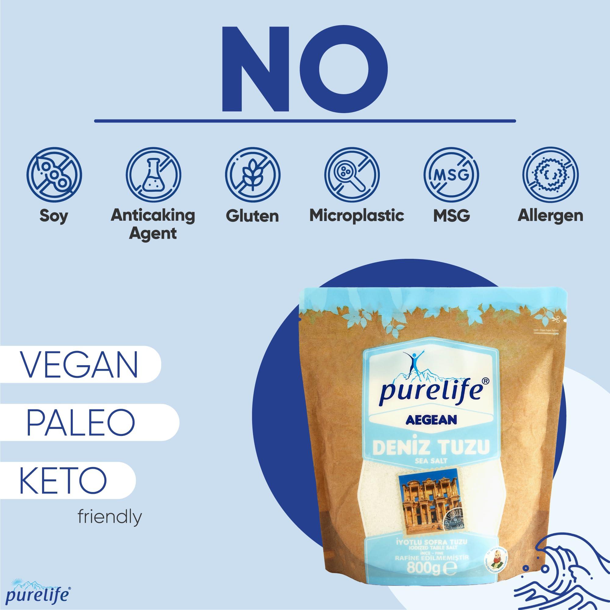 Purelife Purelife Iodized Sea Salt Organic - Ground Fine Sea Salt with Iodine | Kosher Certified, Unrefined, Aegean Harvested | Perfect for Cooking & Baking | Vegan, Paleo, Keto, Gluten & MSG Free - 1.76 Lbs