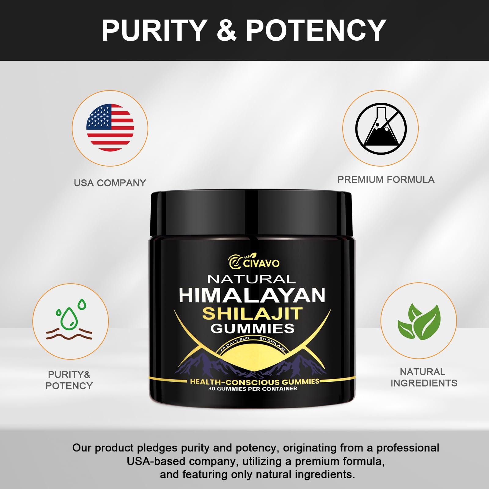 Civavo Natural Himalayan Shilajit Gummies, Organic Natural Shilajit Gummies for Men & Women, Supports Natural Energy and Strength, 30 Count