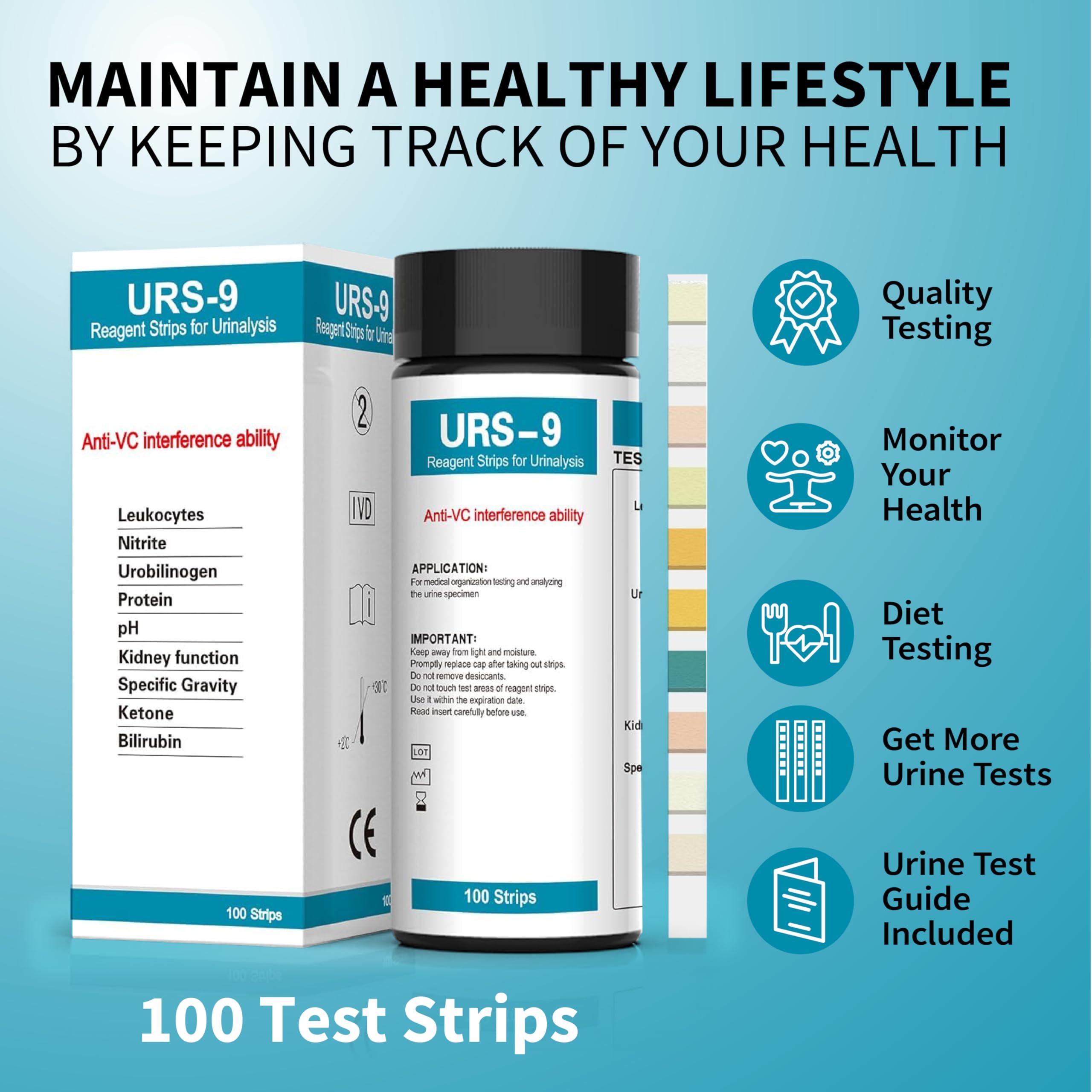 Palinoia URS 9-in-1 Urine Test Strips 9 Parameters Testing UTI, Protein/Leukocytes/Nitrite/pH, 100 CT