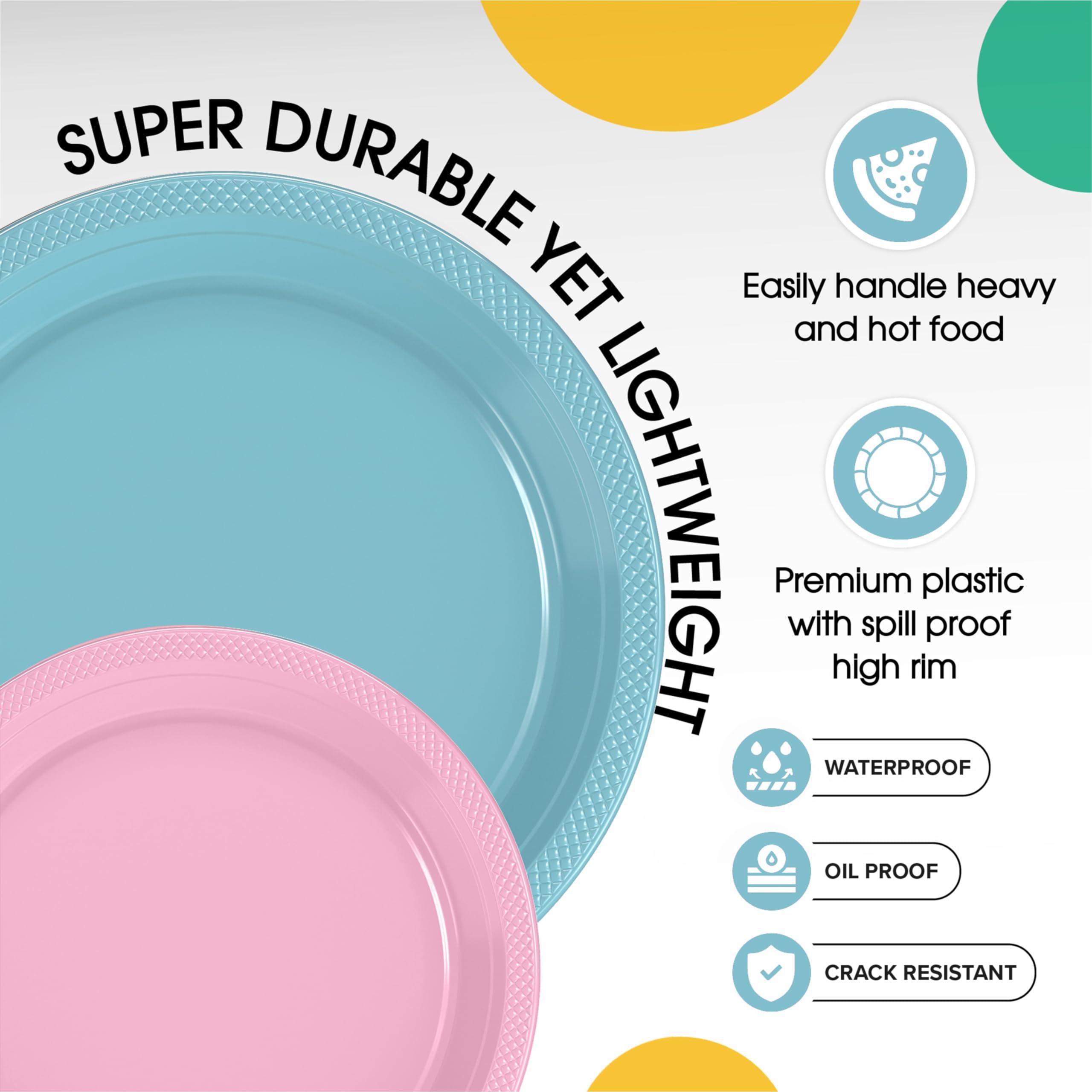 Exquisite Exquisite 9 & 7 Inch. Dinner Plate Combo 100 Pack Light Blue & Pink Plastic Plates Disposable, 50-7 Inch Dessert Plates & 50-9 Inch Dinner Plates Light Blue & Pink Plate Set Plastic Plates For Party