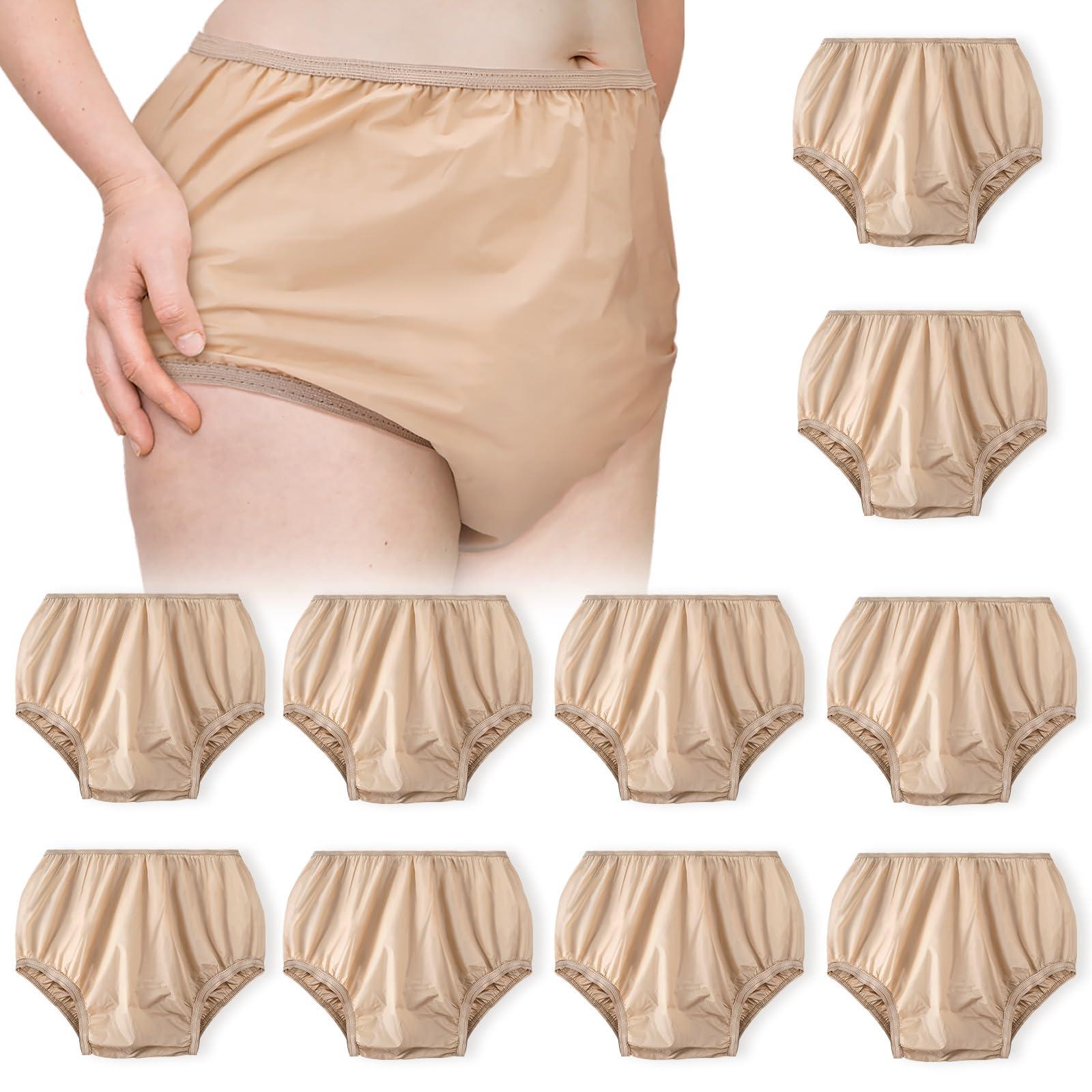 Vinsatin 10 Pcs Adult Plastic Diaper Cover Pull-On Cover Plastic Pants Reusable Incontinence Waterproof Plastic Pants(Beige, X-Large)