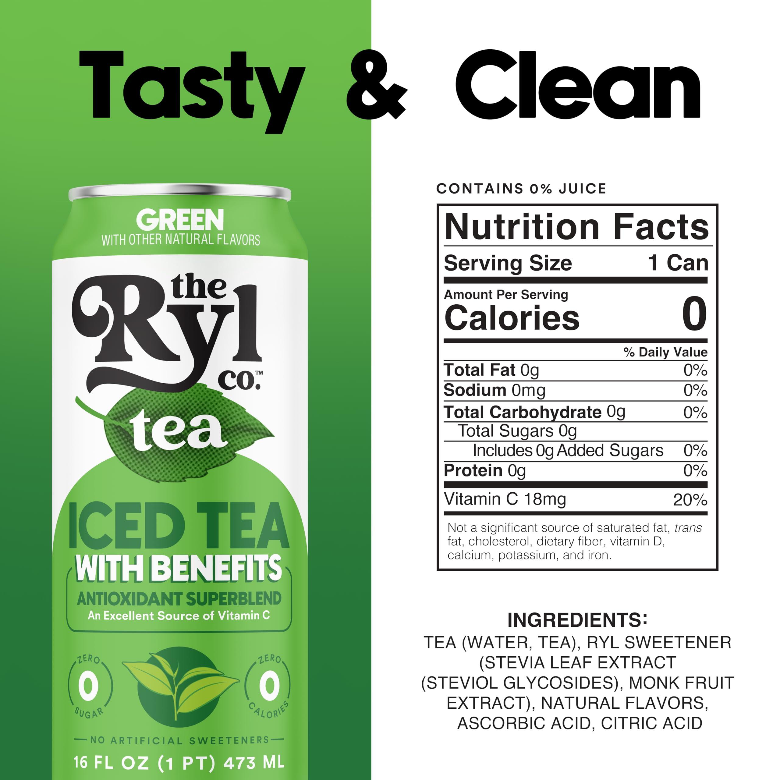 The Ryl Co Ryl Iced Tea, Green, Antioxidant Superblend, Zero Sugar, Low Carb, Zero Calorie Iced Tea, 16.0 Fl Oz (12-Pack)