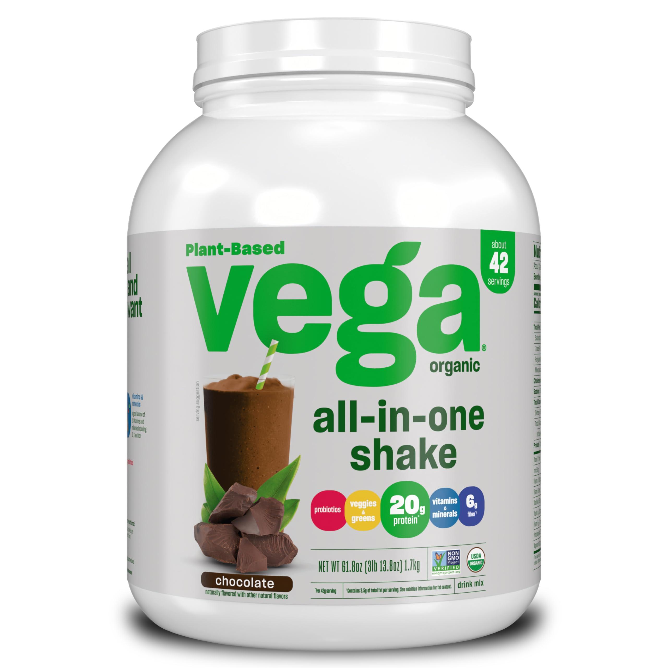 Vega Vega Organic All-in-One Vegan Protein Powder, Chocolate - Superfood Ingredients, Vitamins & Sport Premium Vegan Protein Powder Chocolate(45 Servings) 30g Plant Based Protein,5g BCAAs