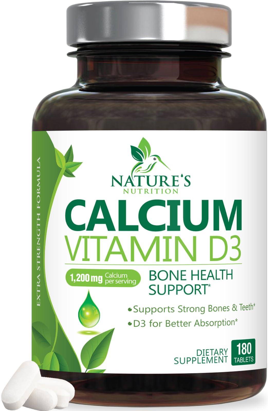Nature's Nutrition Calcium 1200 mg with Vitamin D3, Calcium Supplement Vitamins, Supports Bone Strength, Teeth & Immune System, Calcium Supplements for Women & Men, Nature\'s Absorbable Calcium Carbonate - 180 Tablets